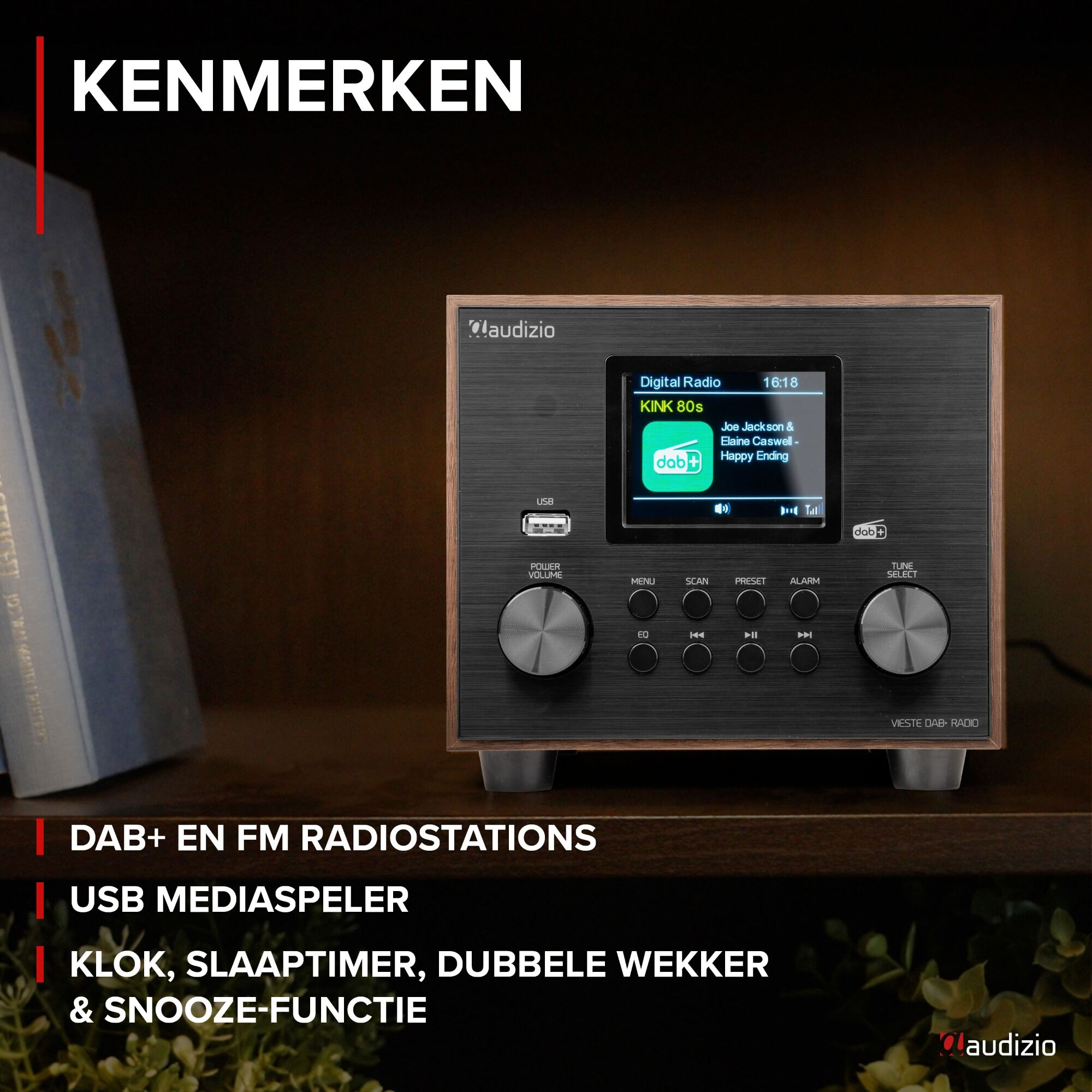 Ein Digitalradio mit Bildschirm, der Musikinfos anzeigt. Text hebt DAB, FM, USB und Snooze-Funktion hervor.