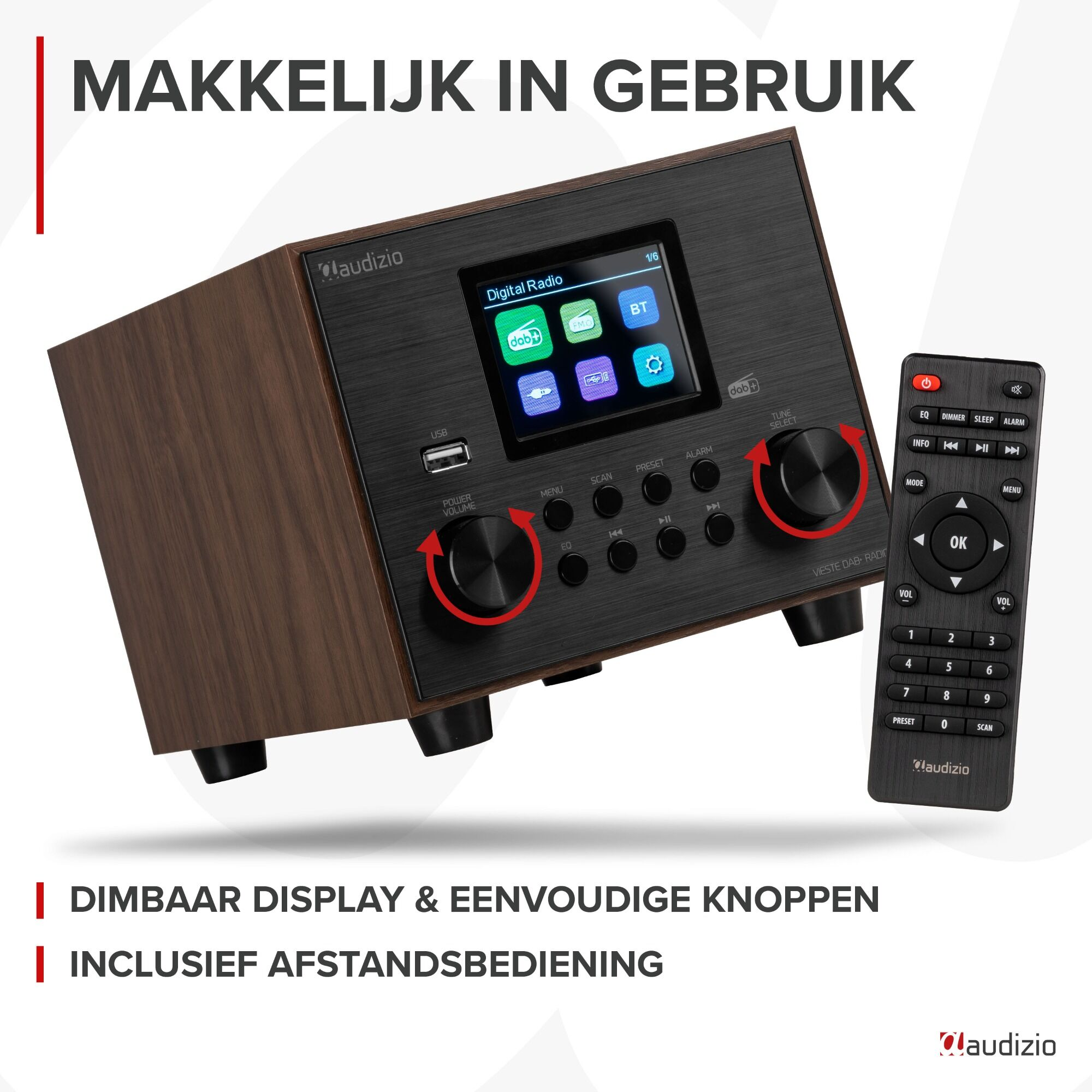 Holzradio mit Fernbedienung. Das Radio hat einen Bildschirm und Tasten.
