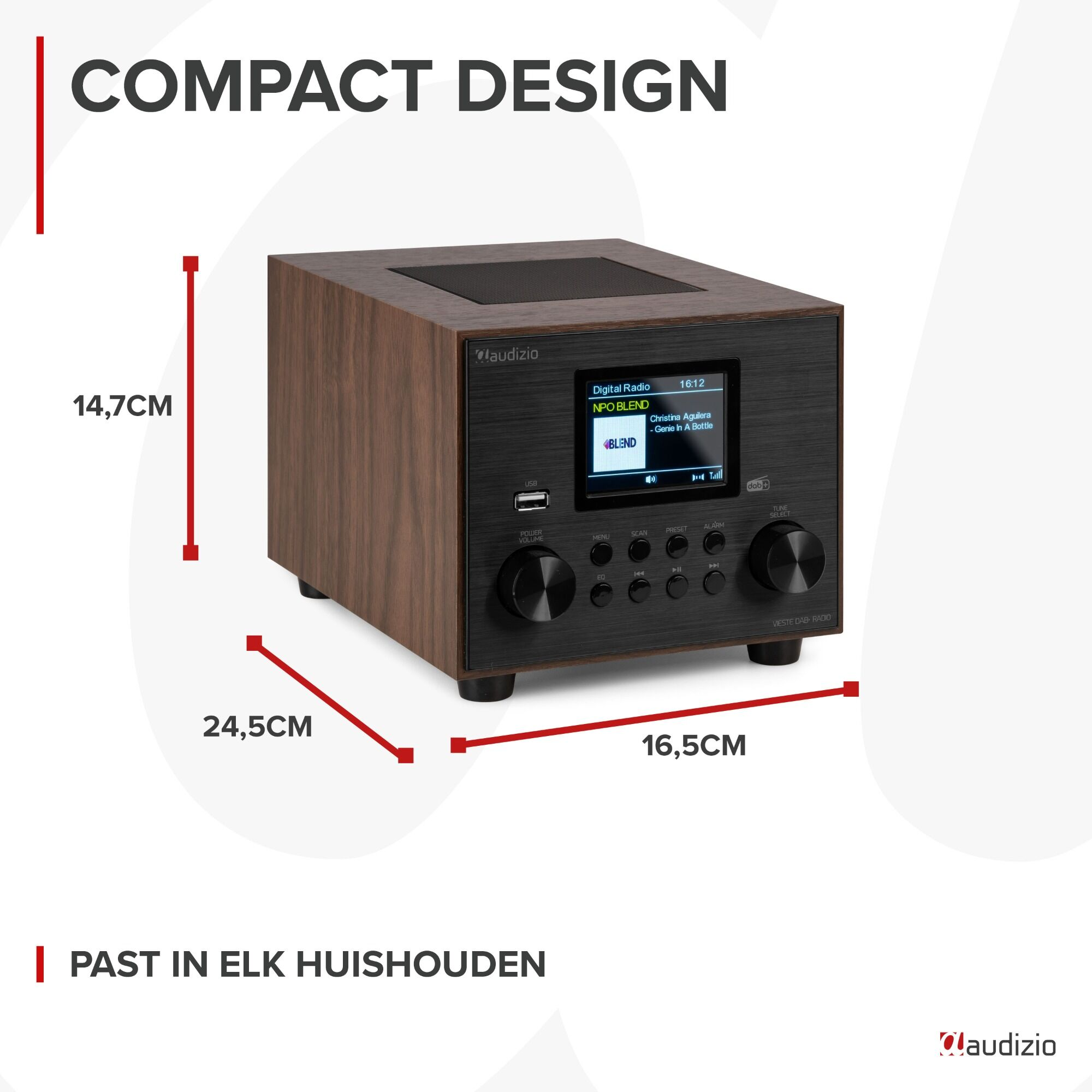 Kleines digitales Holzradio mit Abmessungen, schwarze Frontplatte.