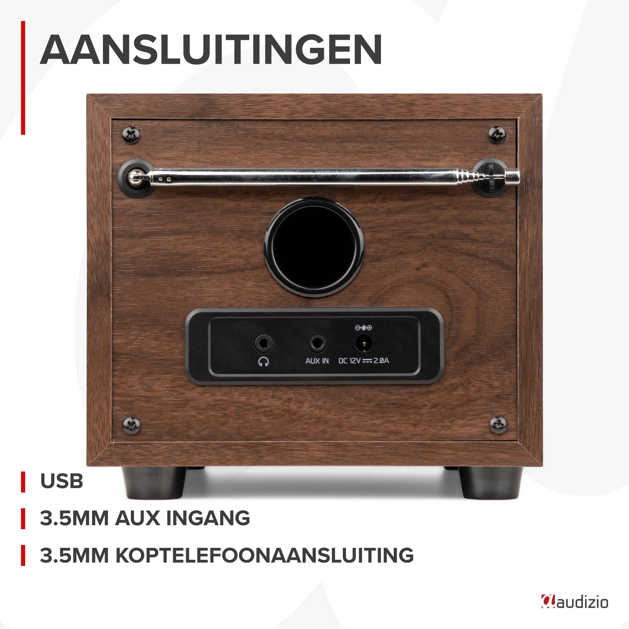 Rückseite eines dunklen Holzradios. Es hat Anschlüsse und eine Metallantenne, mit Text: Aansluitingen.
