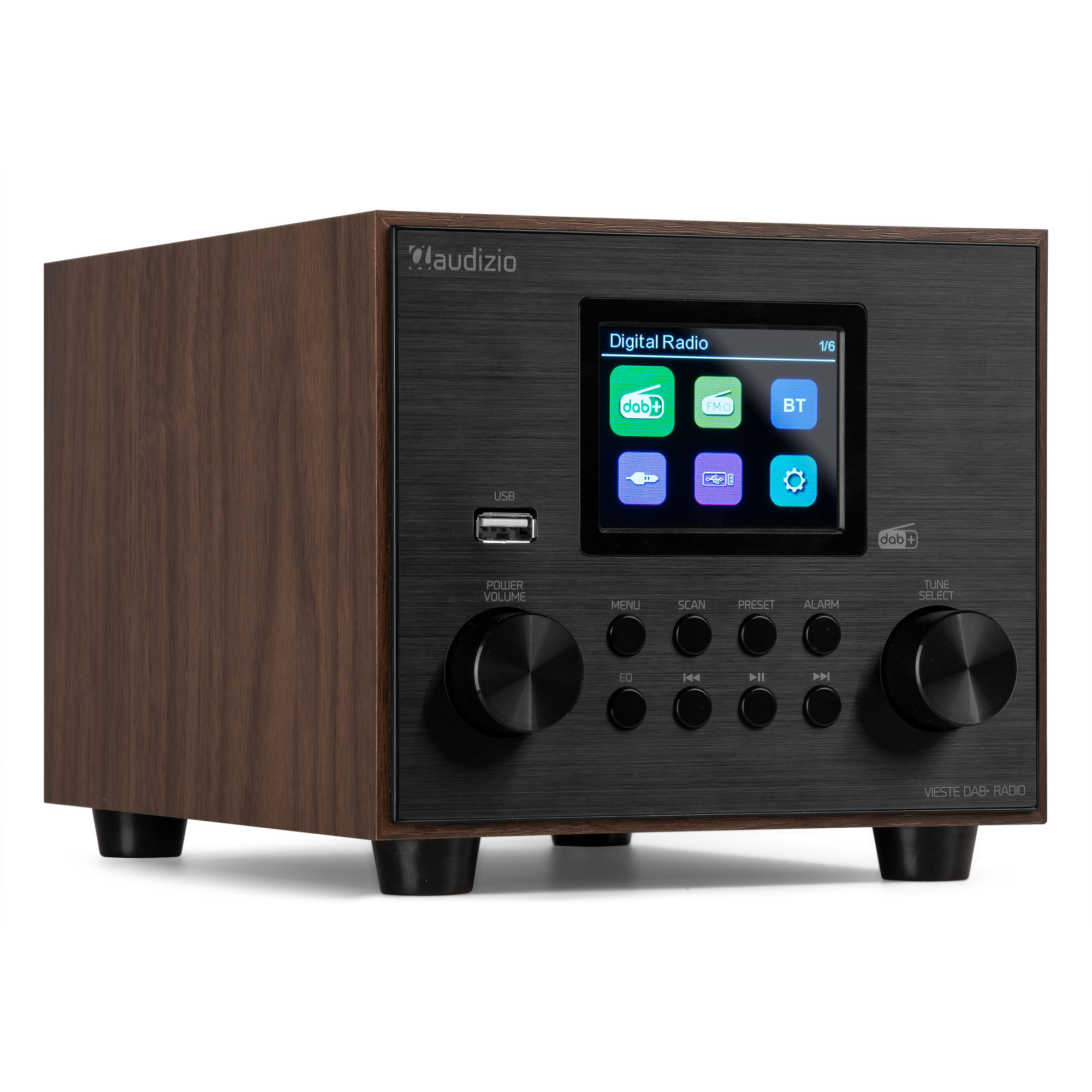Ein digitales Holzradio mit Display, Knöpfen, Reglern und dem Markennamen audizio.