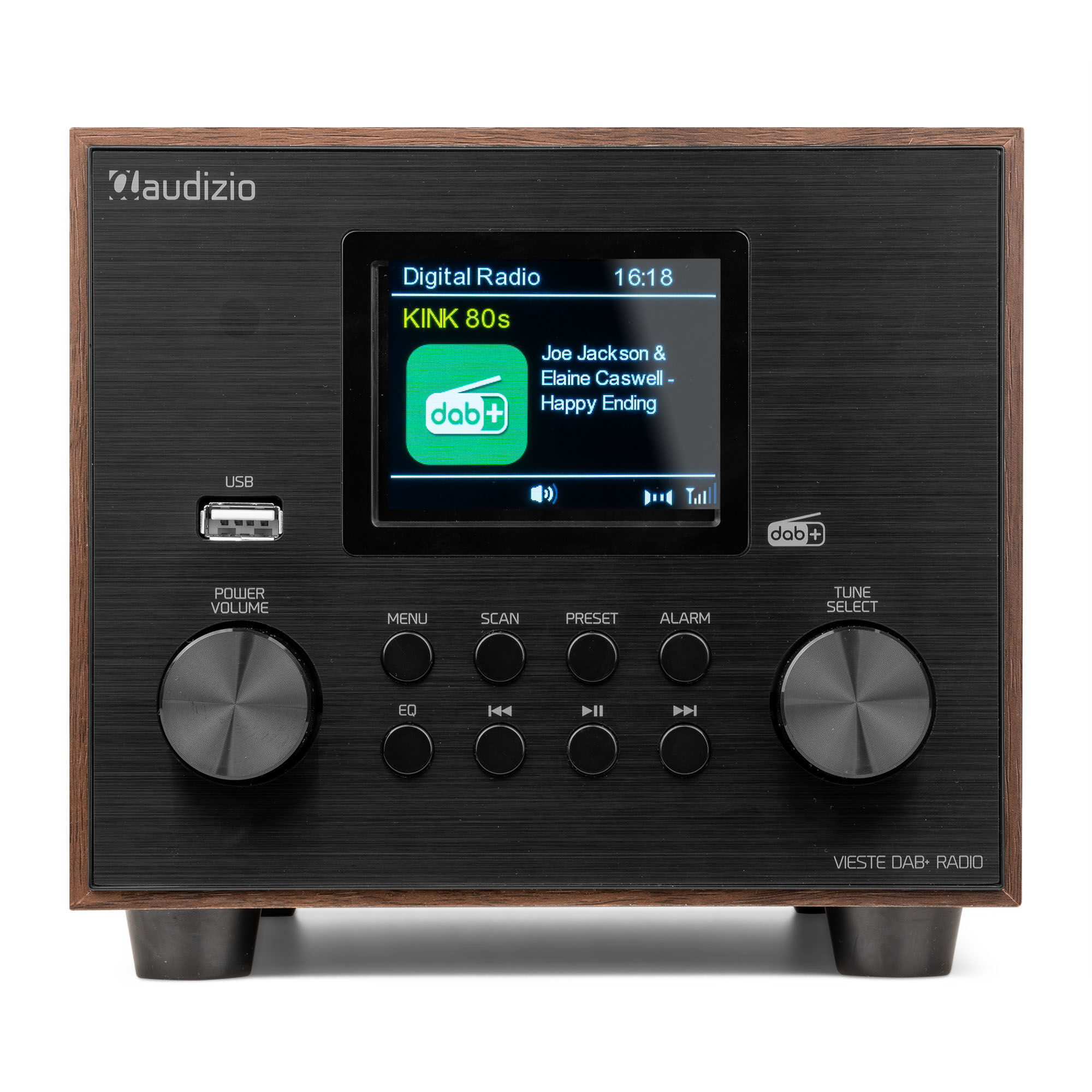 Ein schwarzes und braunes Digitalradio. Es hat einen Bildschirm mit Radioinformationen.