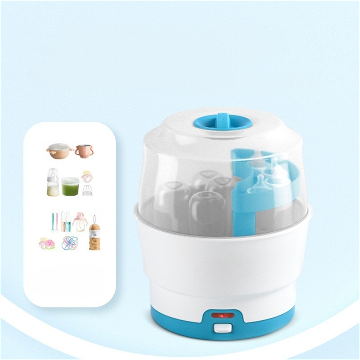 Weiß-blauer Babyflaschensterilisator mit Flaschen und Zubehör, das an der Seite angezeigt wird.