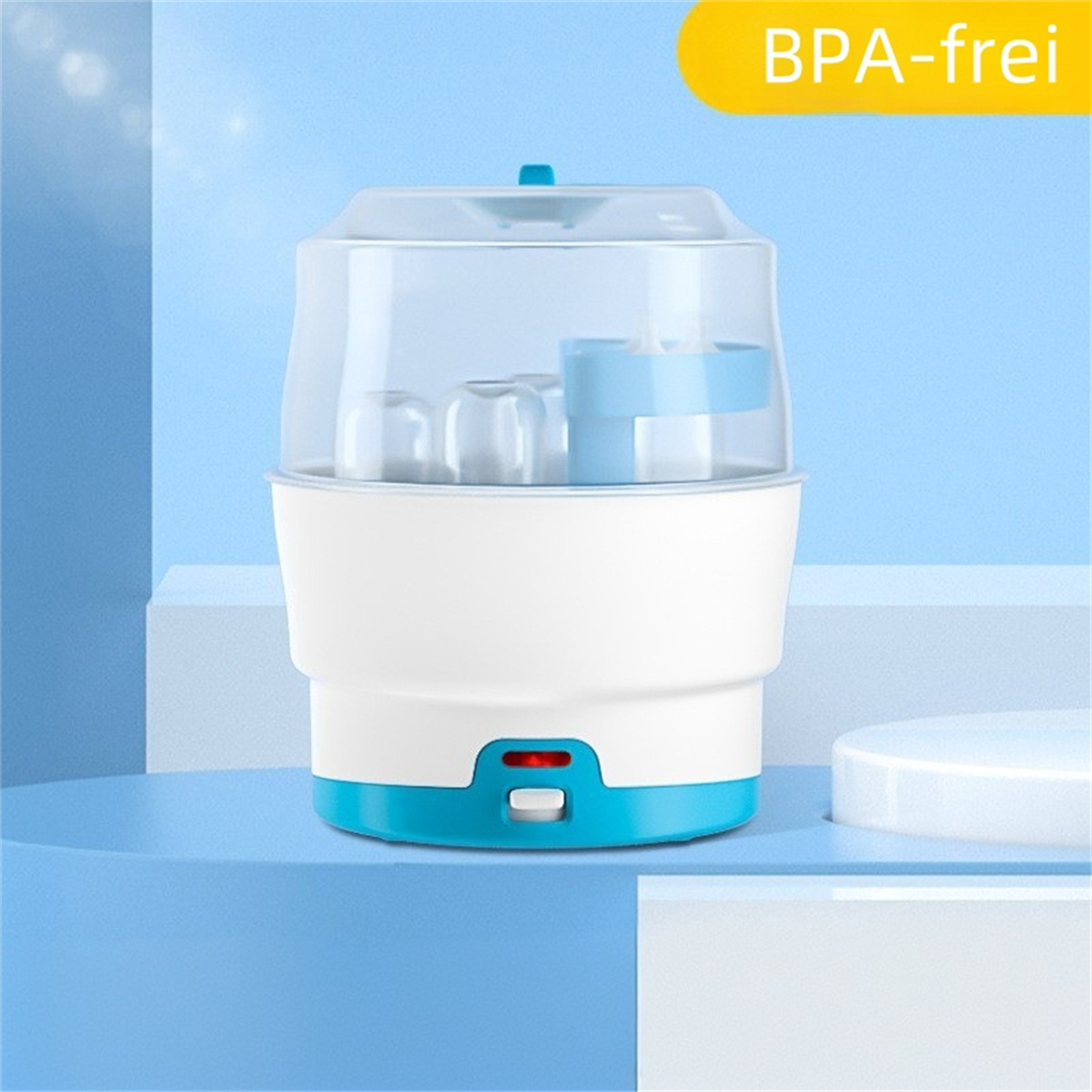 Weiß-blauer Babyflaschen-Sterilisator mit Flaschen, blauer Basis, BPA-frei.