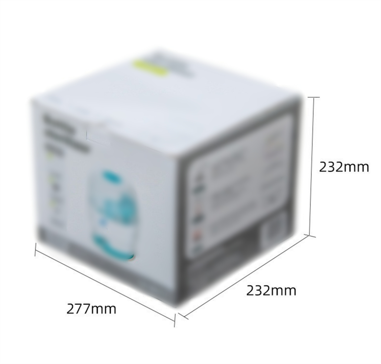 Eine Box mit den Maßen 277 mm x 232 mm x 232 mm wird angezeigt. Die Box ist unscharf. Weißer Hintergrund.