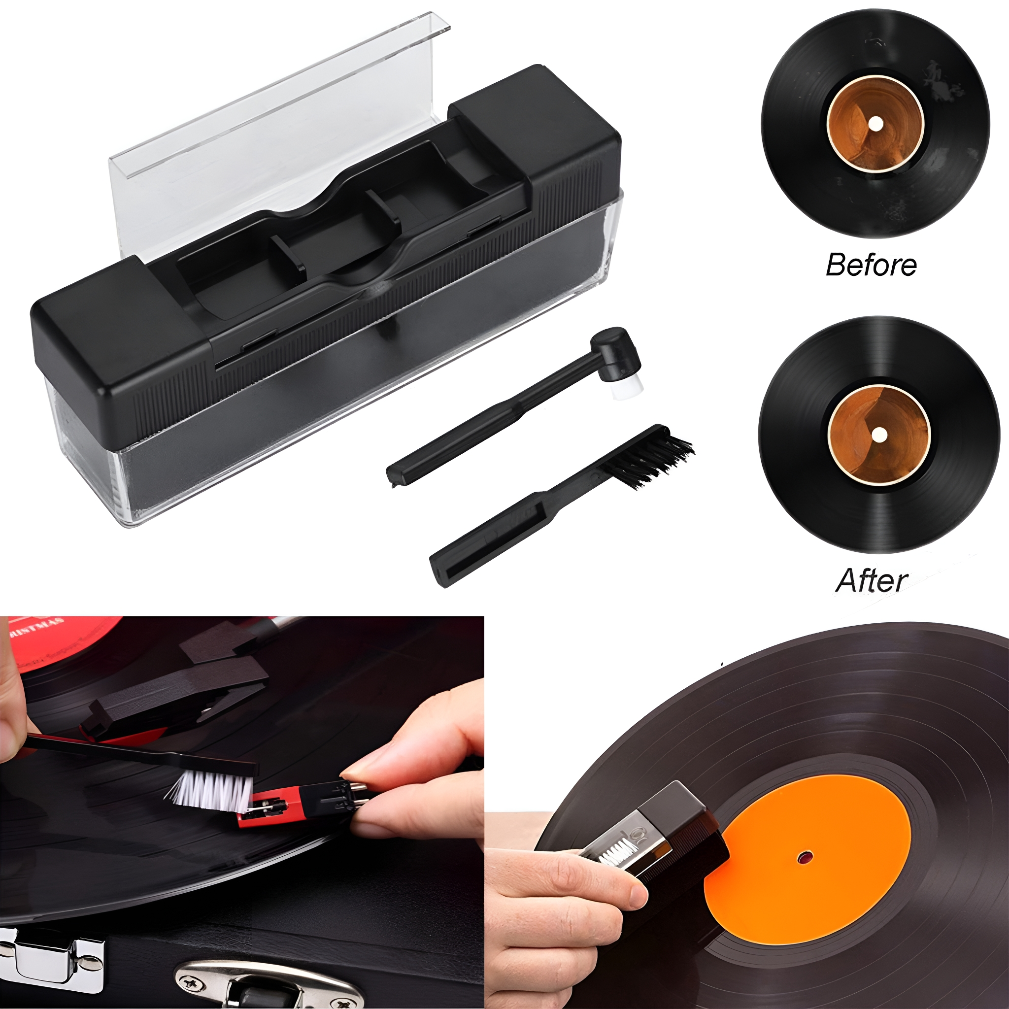 Reinigungsset für Schallplatten. Enthält Reinigungsbox, Bürste und Reinigungsbürste mit Vorher-Nachher-Vergleich.