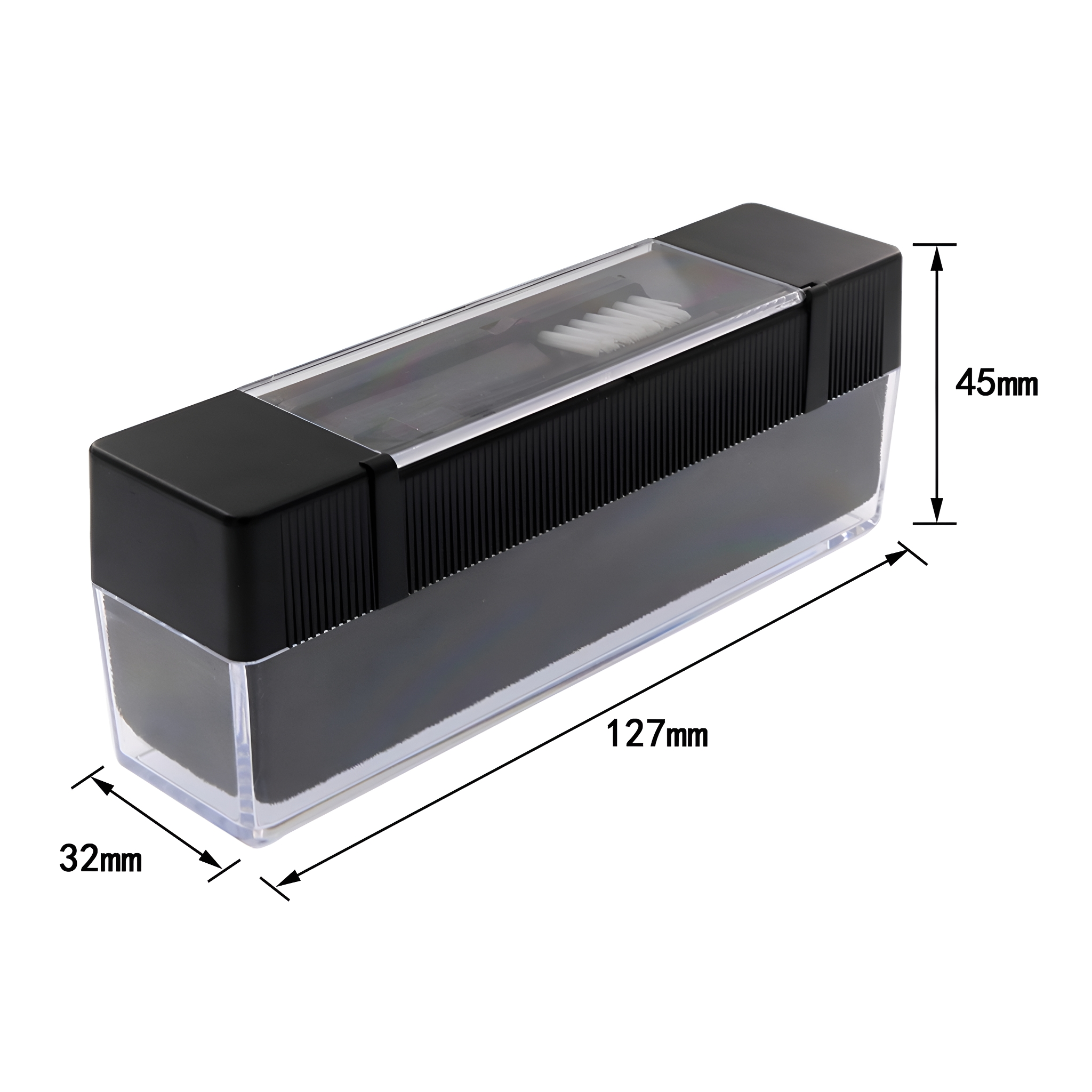 Eine schwarze Box mit einer Bürste, zum Reinigen von Schuhen. Abmessungen werden mit Pfeilen angezeigt.