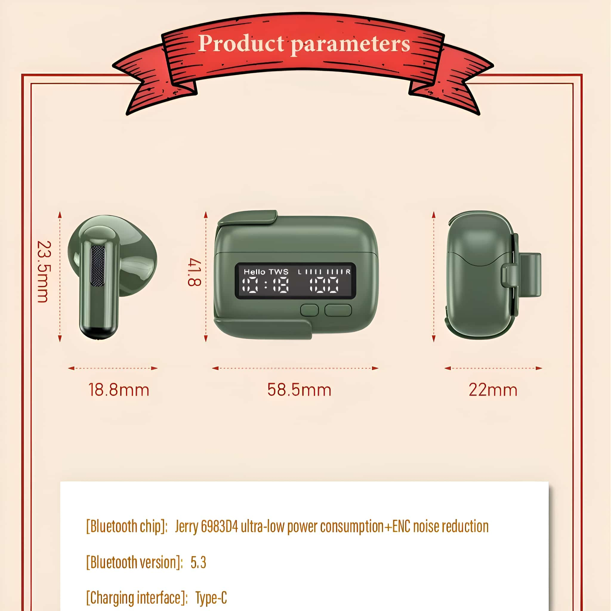 Produktparameterbild mit Ohrhörern mit Ladecase, Abmessungen und Spezifikationen.
