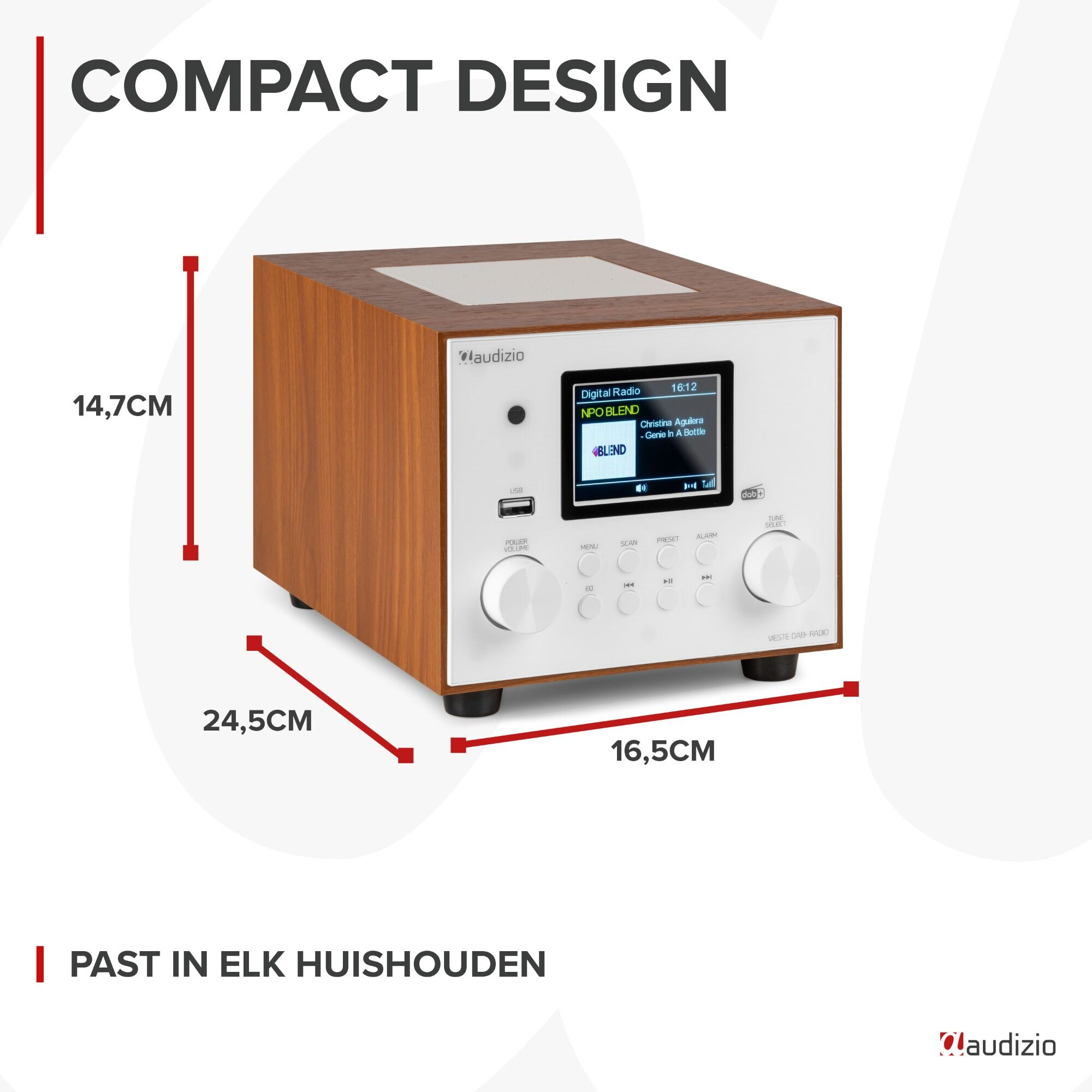 Una radio digital con dimensiones. La radio es marrón y blanca.