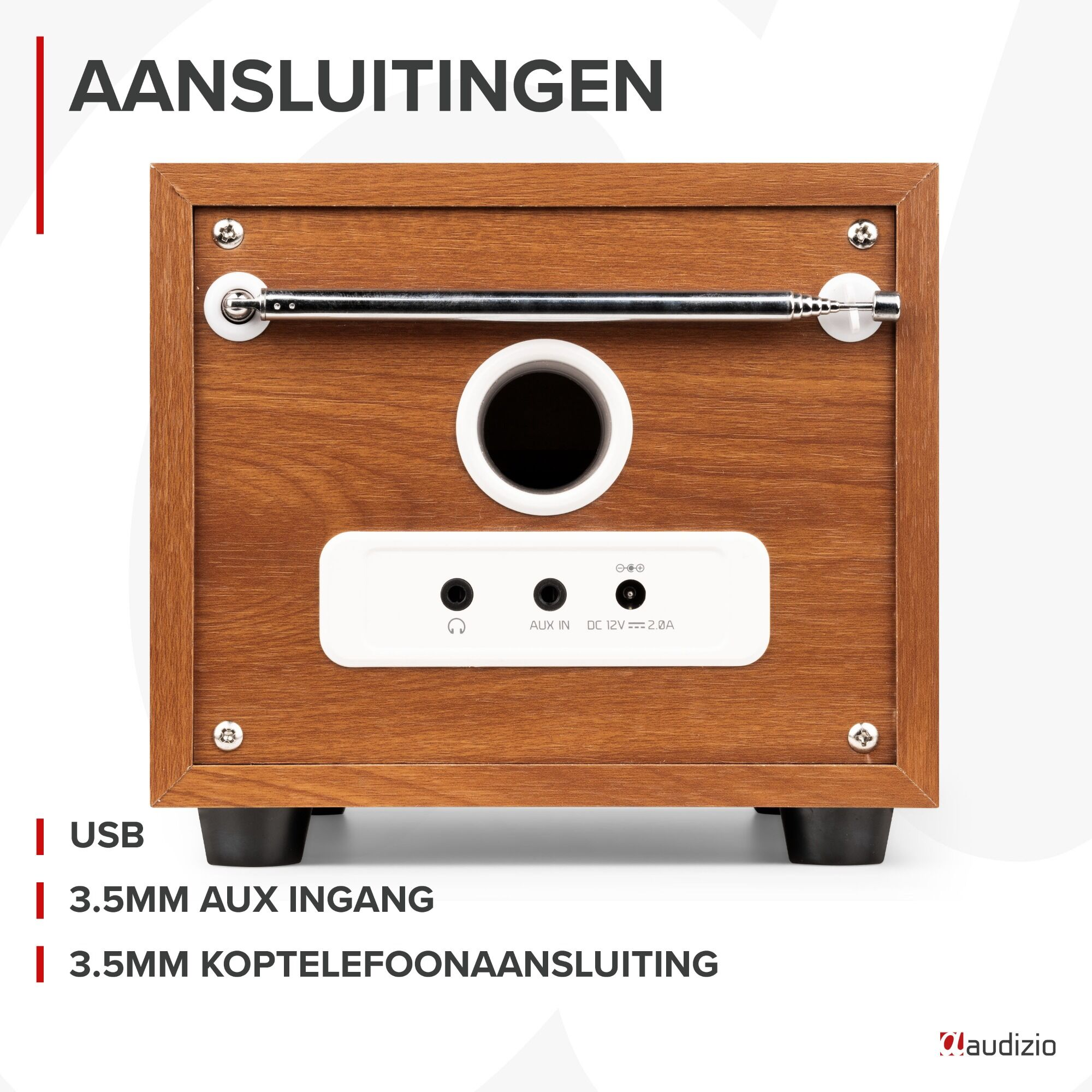 Holzradio mit Frontplatte und Knöpfen sowie kleiner Antenne. Niederländischer Text.