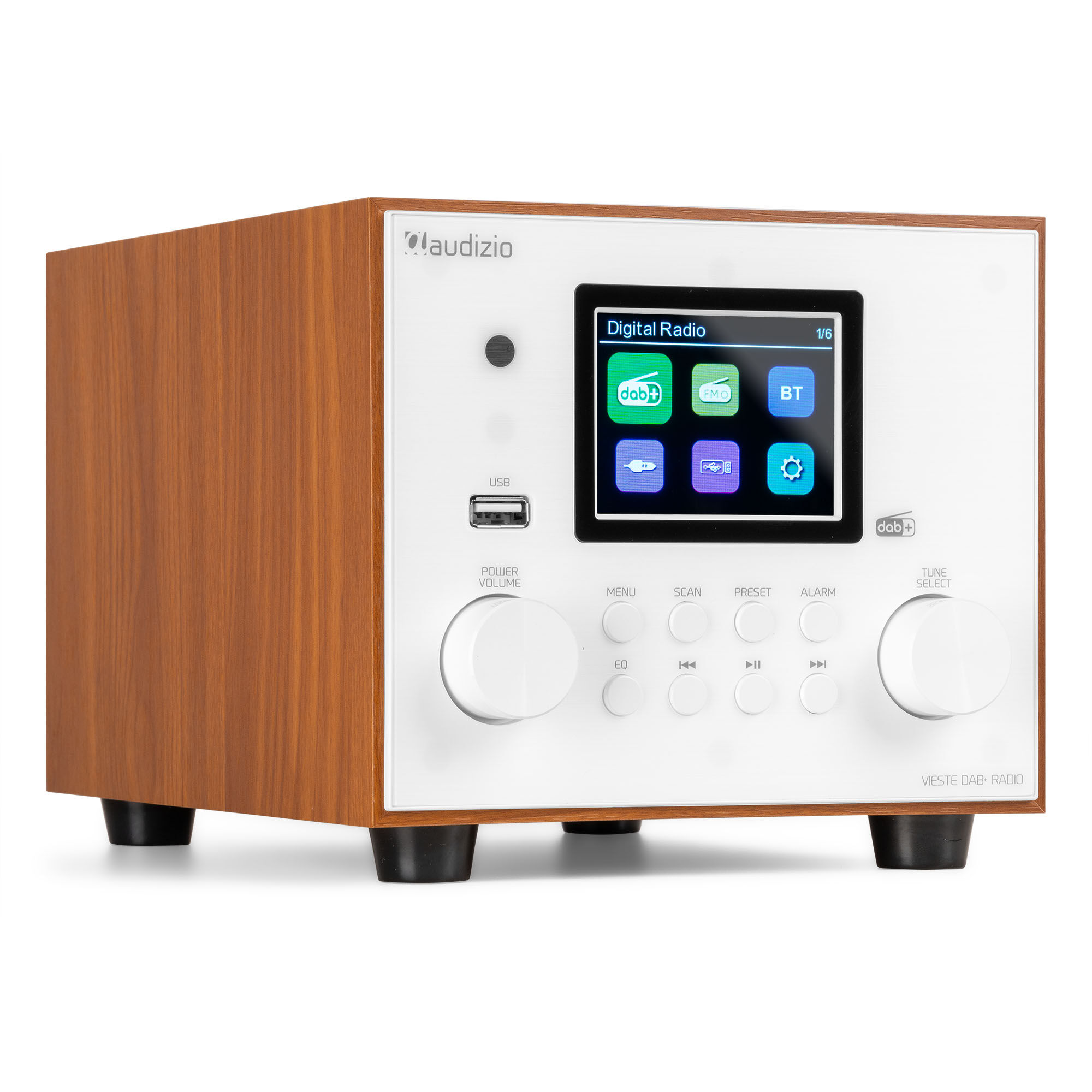 Una radio digital con aspecto de madera, pantalla y botones. Incluye un puerto USB.