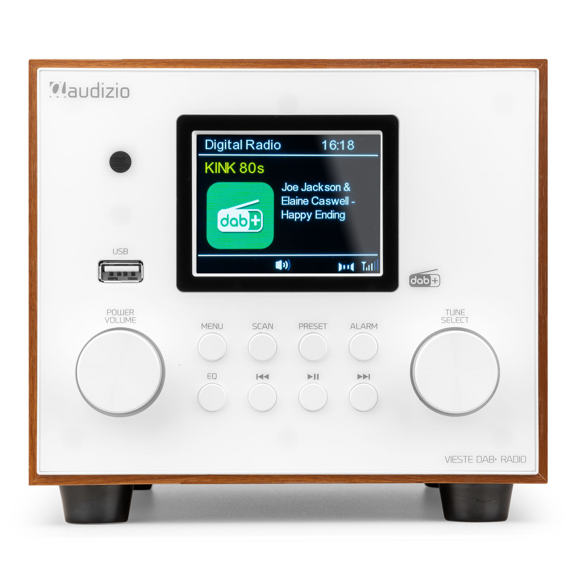 Radio digital con una pantalla que muestra información de música y botones de control.