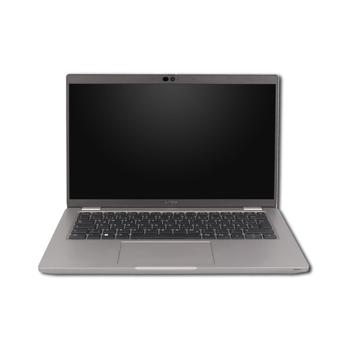 Ein grauer Laptop auf weißem Hintergrund, mit offenem Display, das einen schwarzen Bildschirm zeigt, und einer Tastatur.