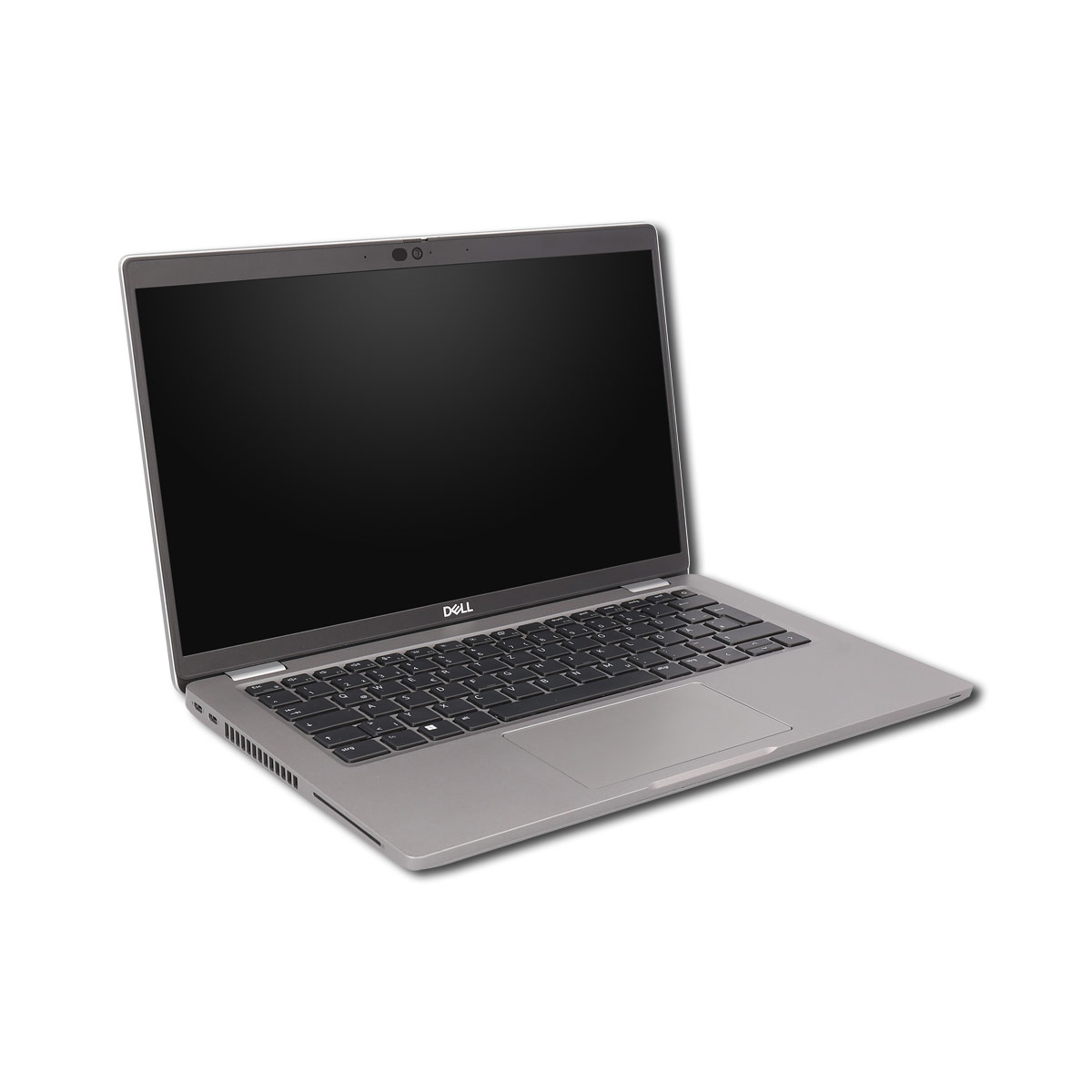 Laptop mit schwarzem Bildschirm vor weißem Hintergrund. Der Laptop ist grau.