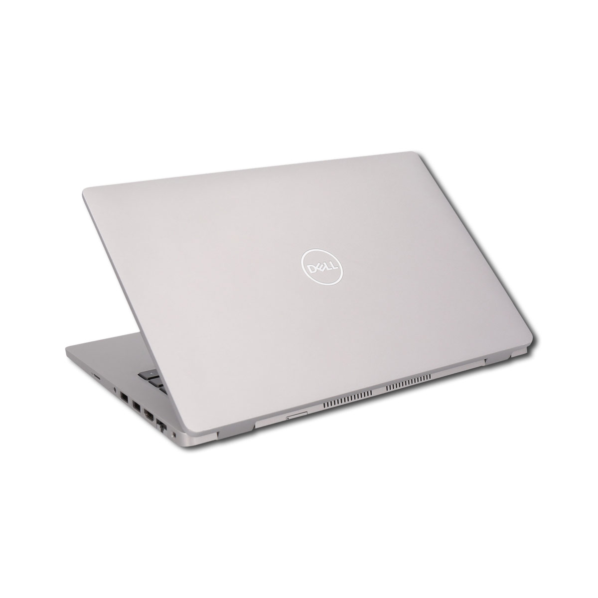Silberner Laptop, Dell-Logo, geöffnet. Weißer Hintergrund.