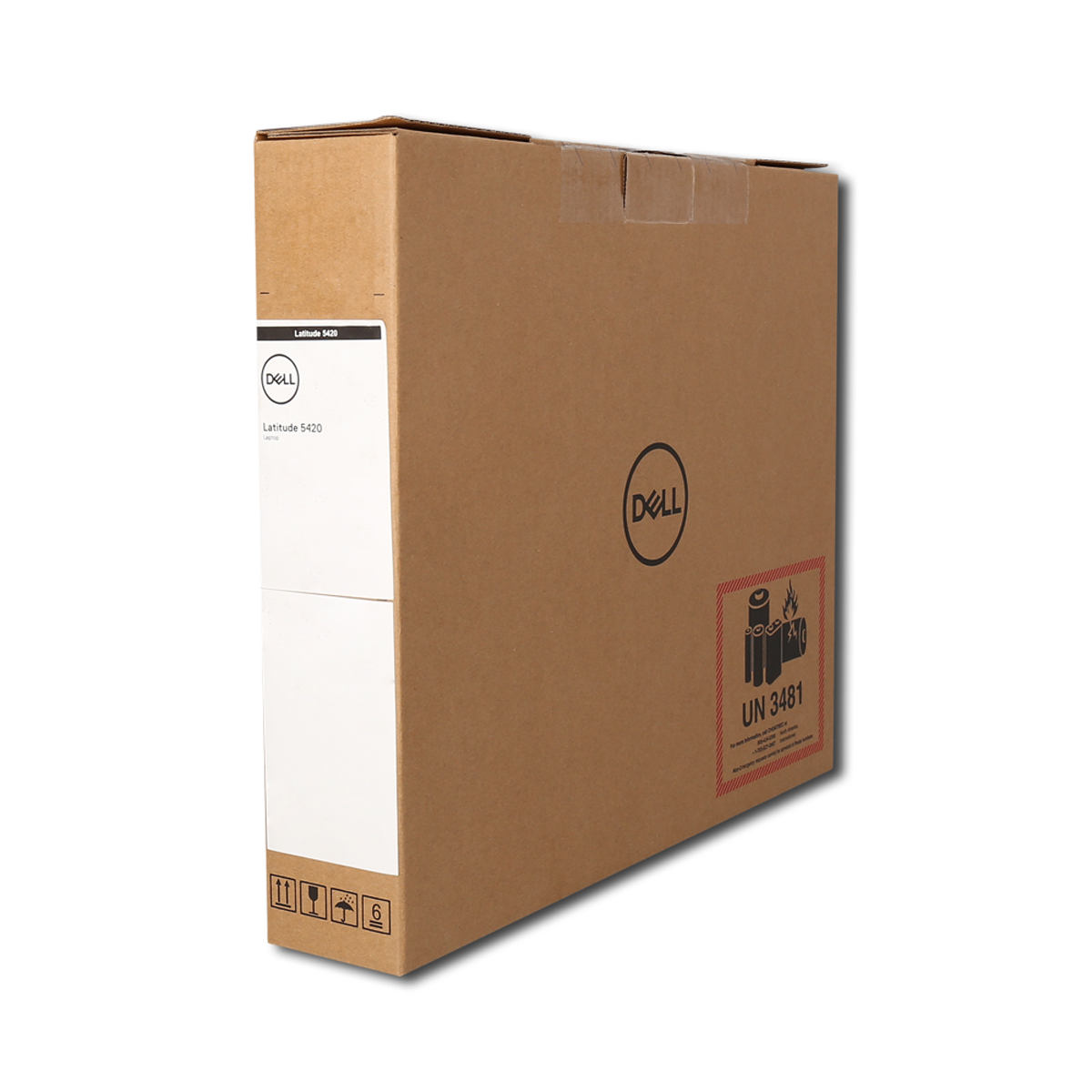 Ein Karton mit Dell-Logo und Etiketten. Die Box befindet sich auf einer weißen Oberfläche, isoliert.