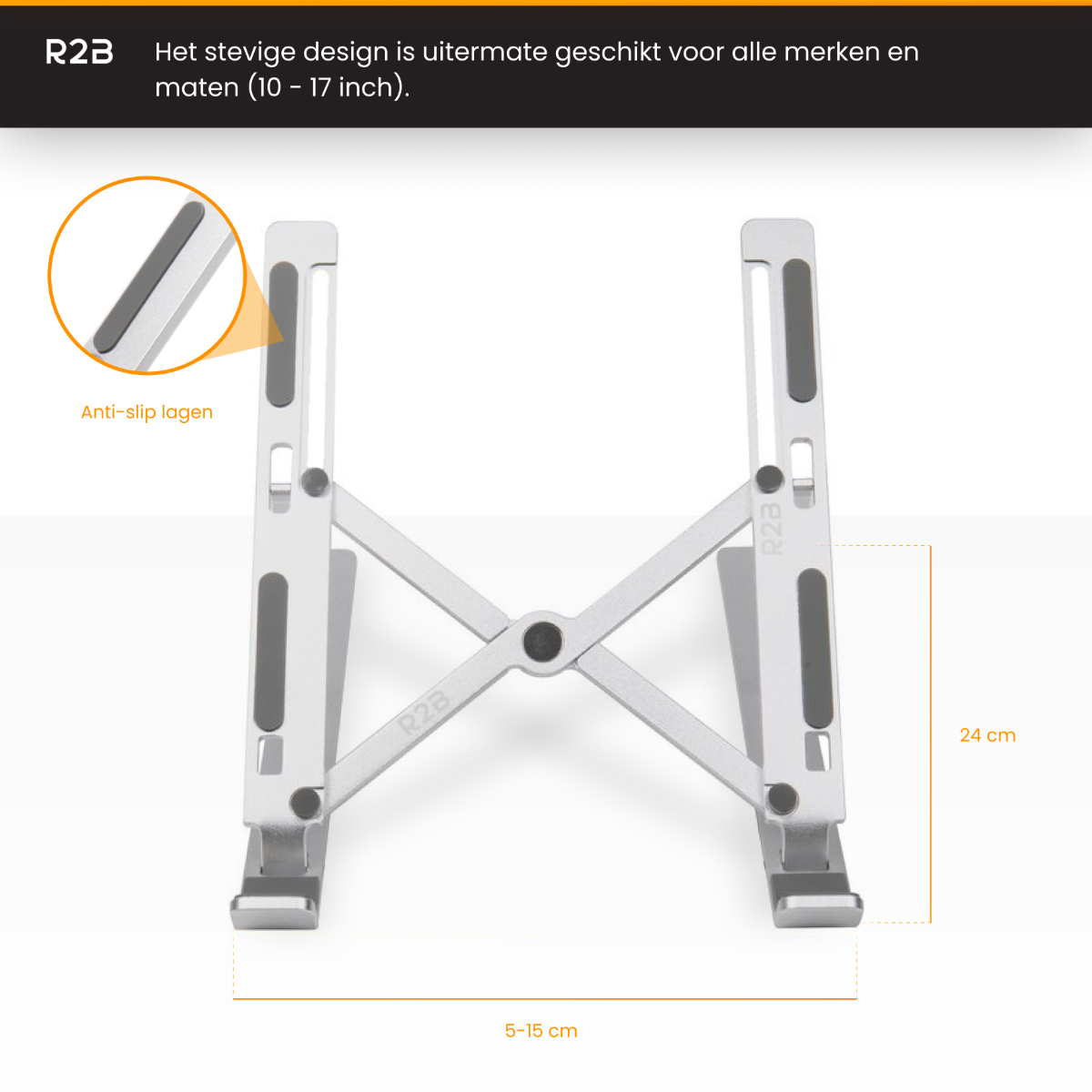 Zilveren laptopstandaard met antislip pads. Afmetingen worden in centimeters getoond.