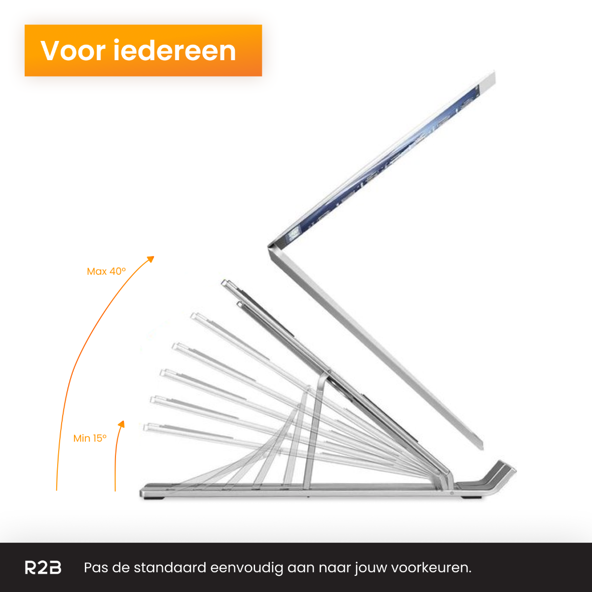 Een zilveren laptopstandaard met verstelbare hoeken, met een bereik van 15 tot 40 graden.