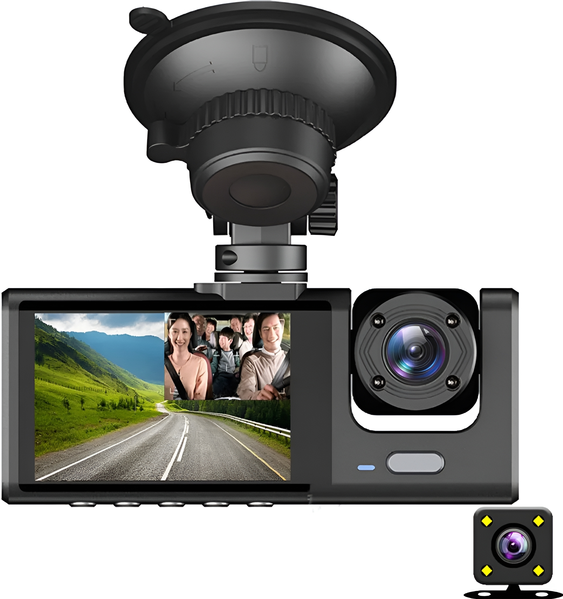 Eine Dashcam mit einem Bildschirm, der eine Straßenszene mit Personen im Auto zeigt.