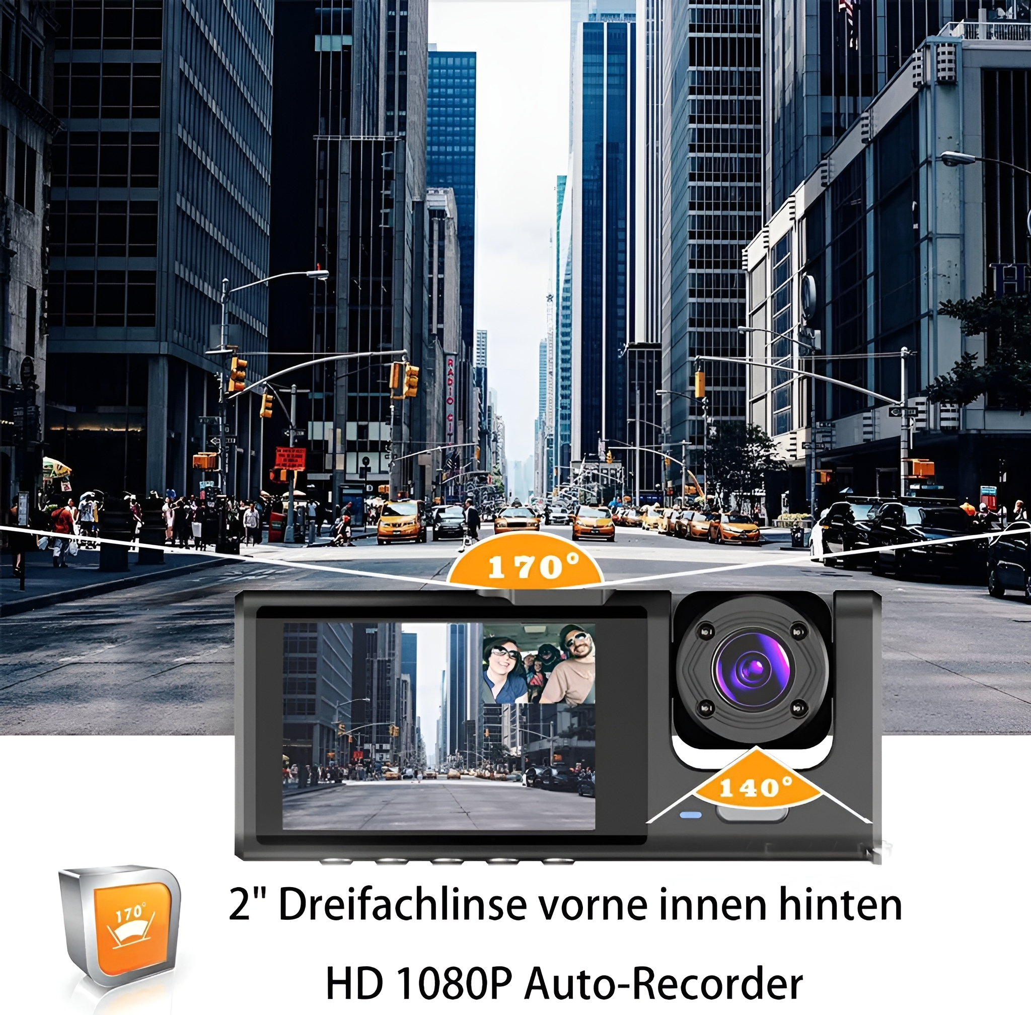 Auto-Dashcam mit Straßenansicht, Display mit zwei Personen und Kameraeinstellungen von 170 und 140 Grad.