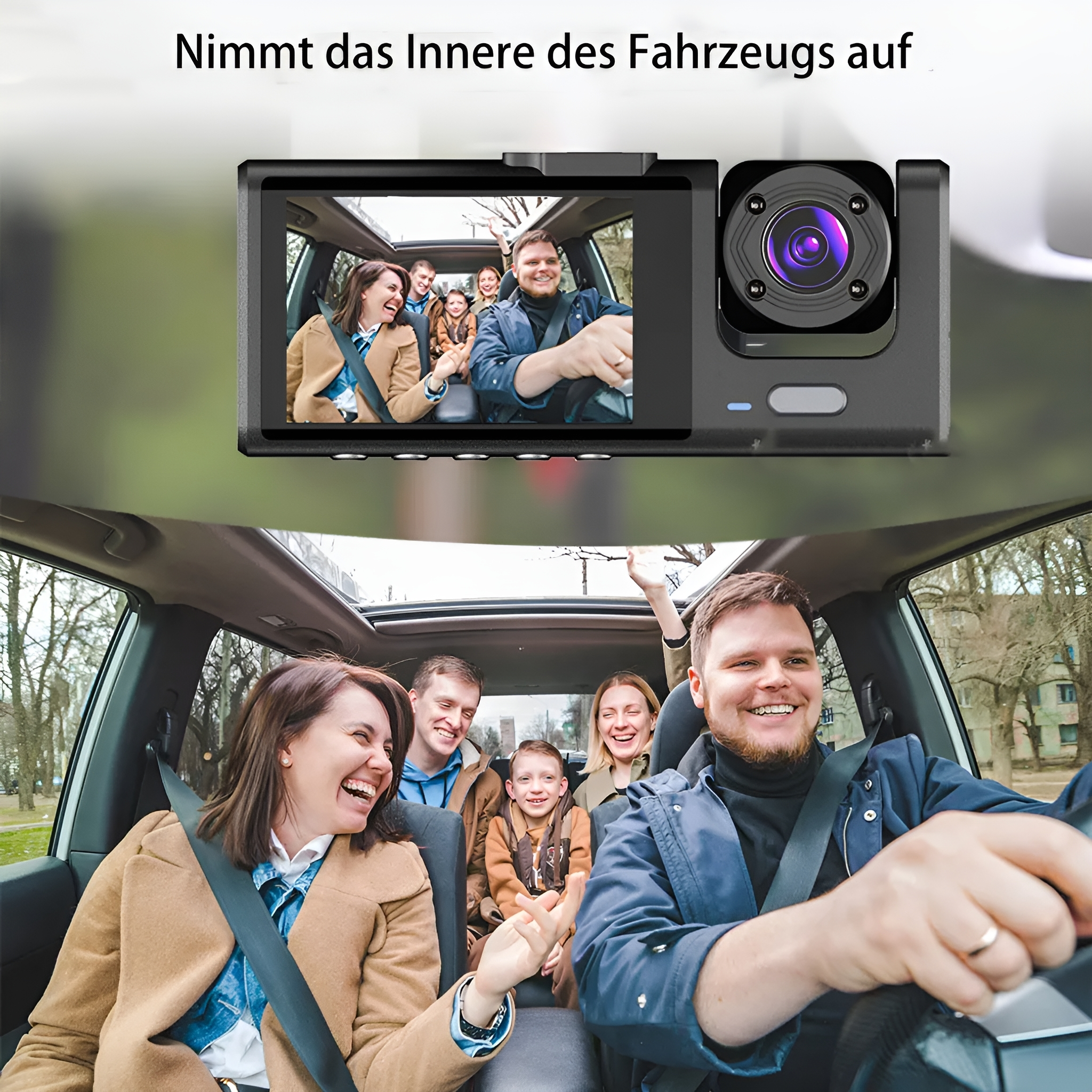 Der Innenraum eines Autos mit einer Dashcam, die Personen im Auto und die Straße zeigt.