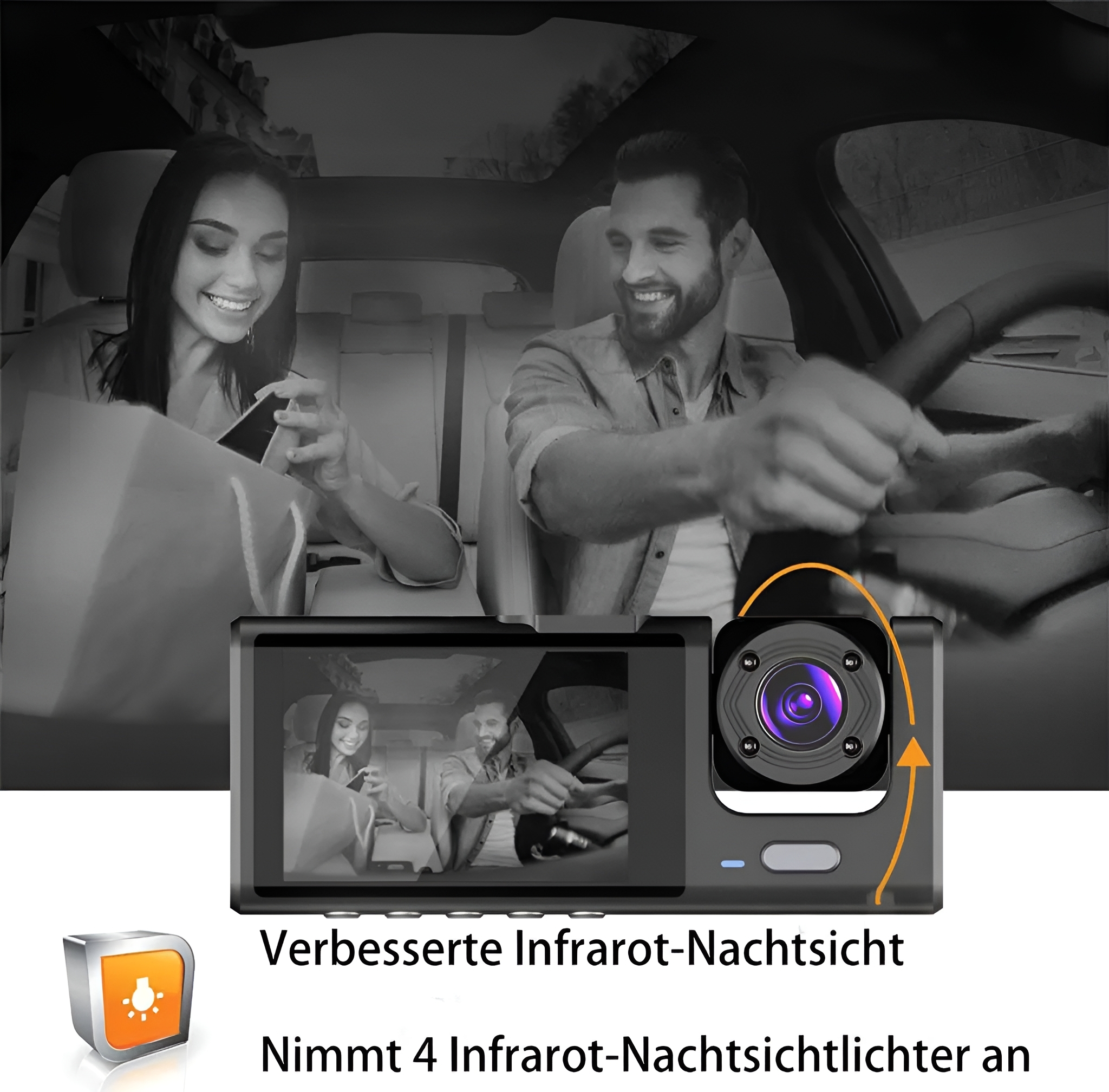 Auto-Dashcam zeigt ein Paar im Auto. Das Bild ist in einem Auto mit Blick auf die Straße.