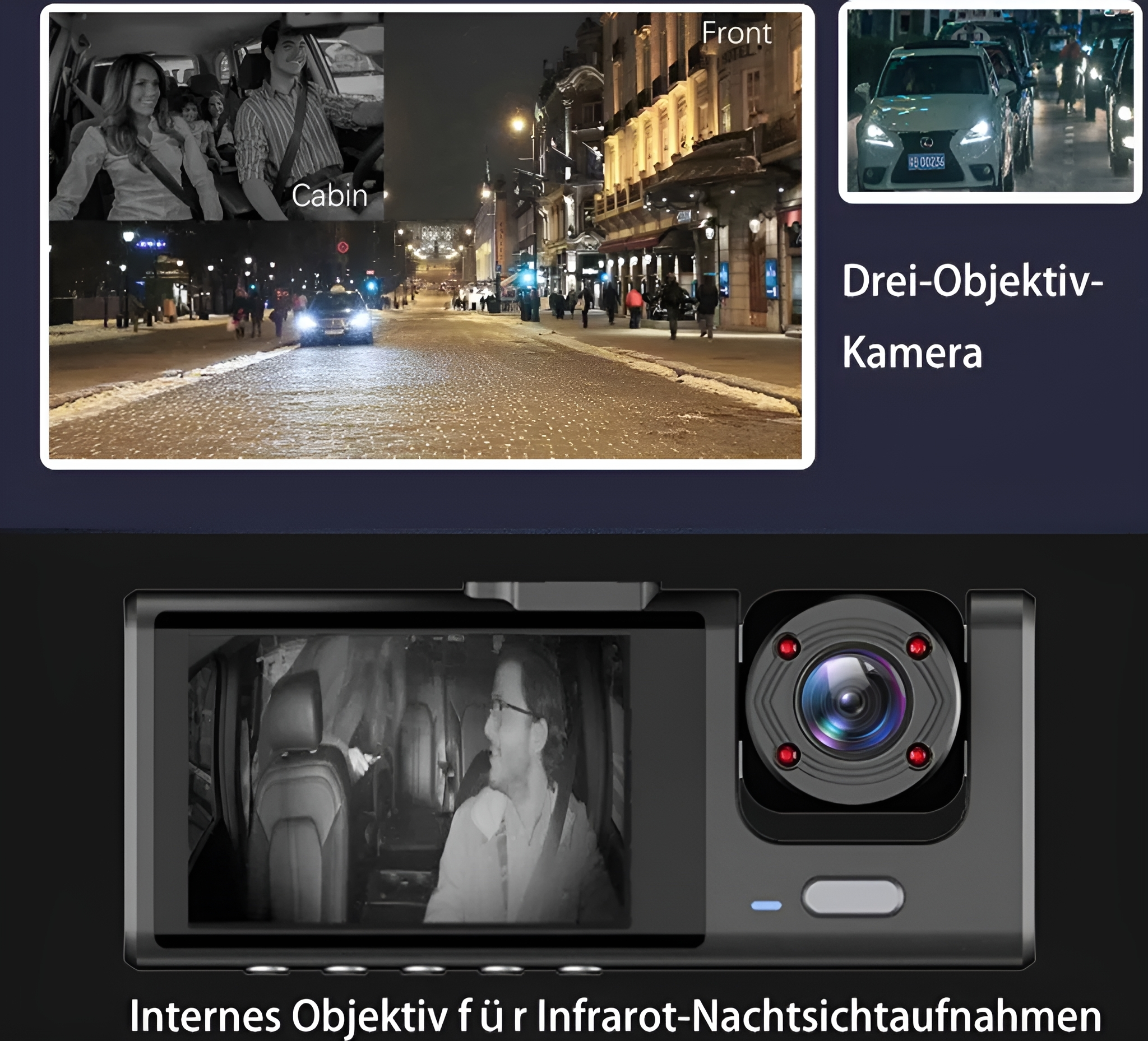 Eine Dashcam, die Innen-, Außen- und Straßenansichten bei Nacht zeigt.