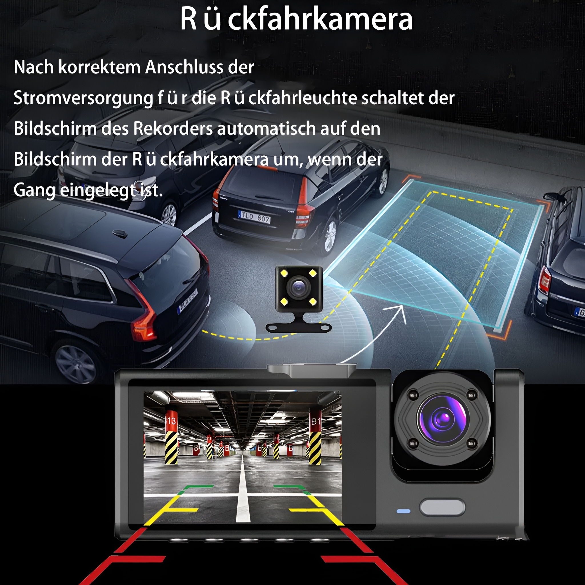 Rückfahrkamera für das Auto, zeigt einen Bildschirm und die Ansicht der Kamera. Autos in Parkgarage.