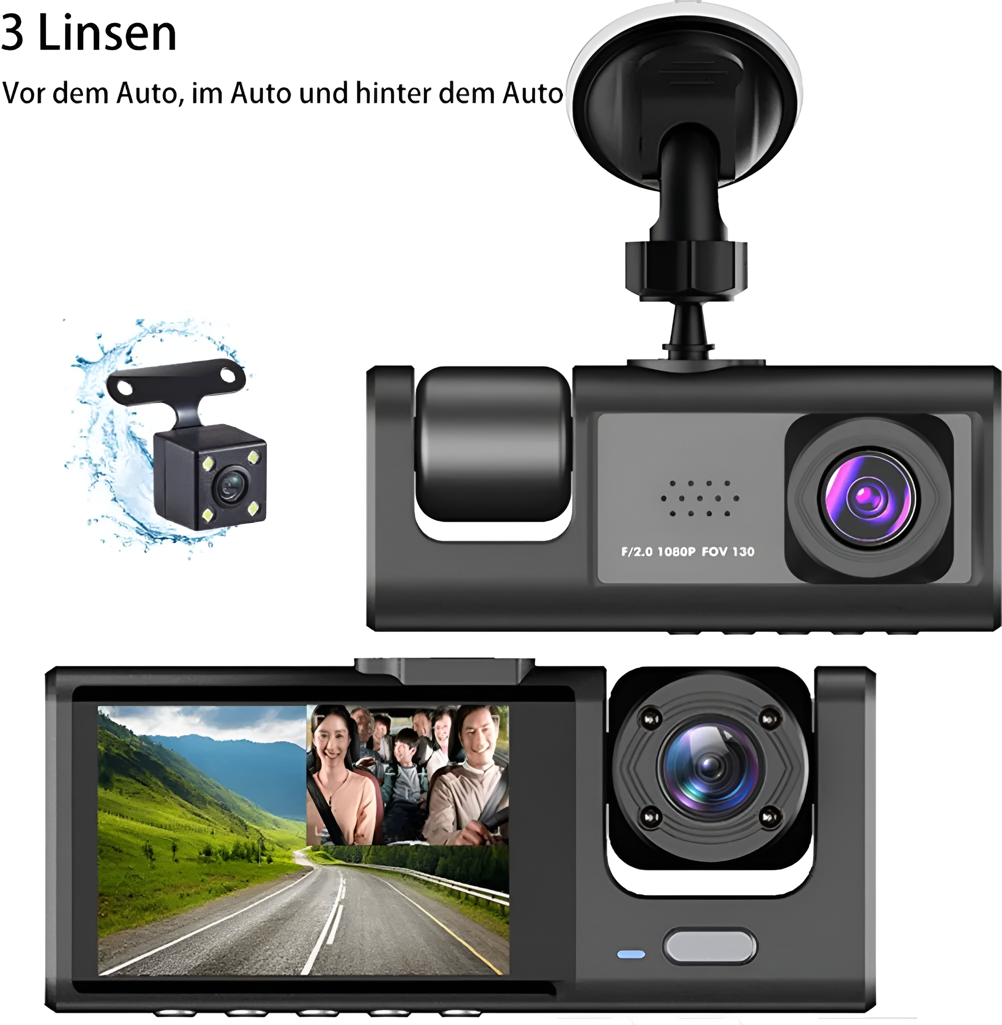 Auto-Dashcam mit drei Objektiven. Eines auf dem Armaturenbrett, eines extern und eines, das die Straße zeigt.