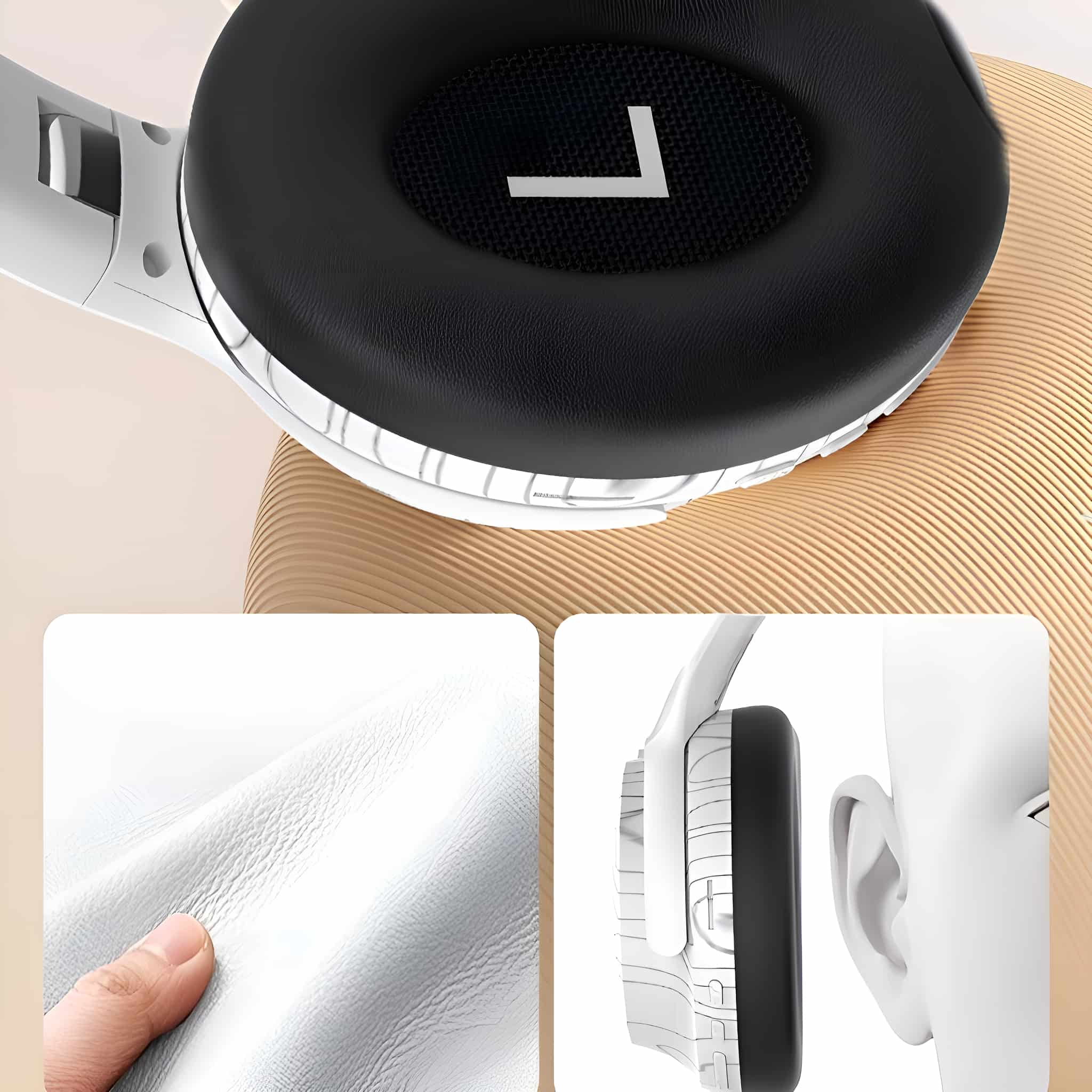 Kopfhörer mit weißem und schwarzem Design. Nahaufnahme zeigt Ohrmuschelpolsterung und weiße Oberfläche.
