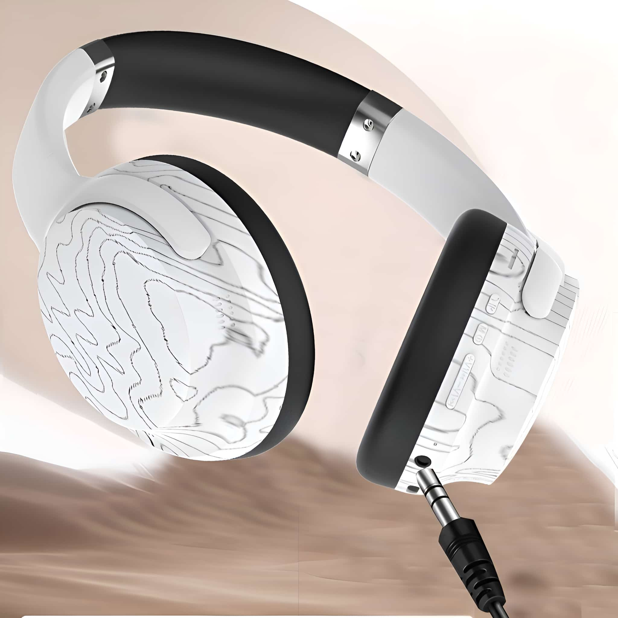 Weiße und schwarze Kopfhörer mit strukturiertem Design, 3,5-mm-Klinke.