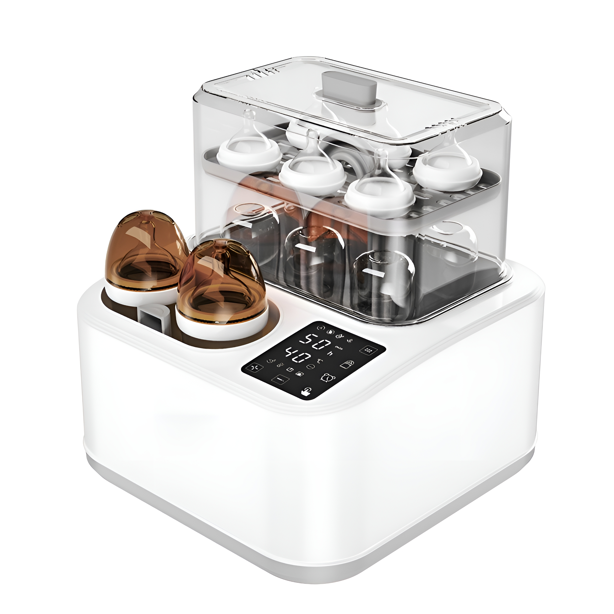 Weißer und transparenter Babyflaschenwärmer mit Flaschen innen und oben drauf.