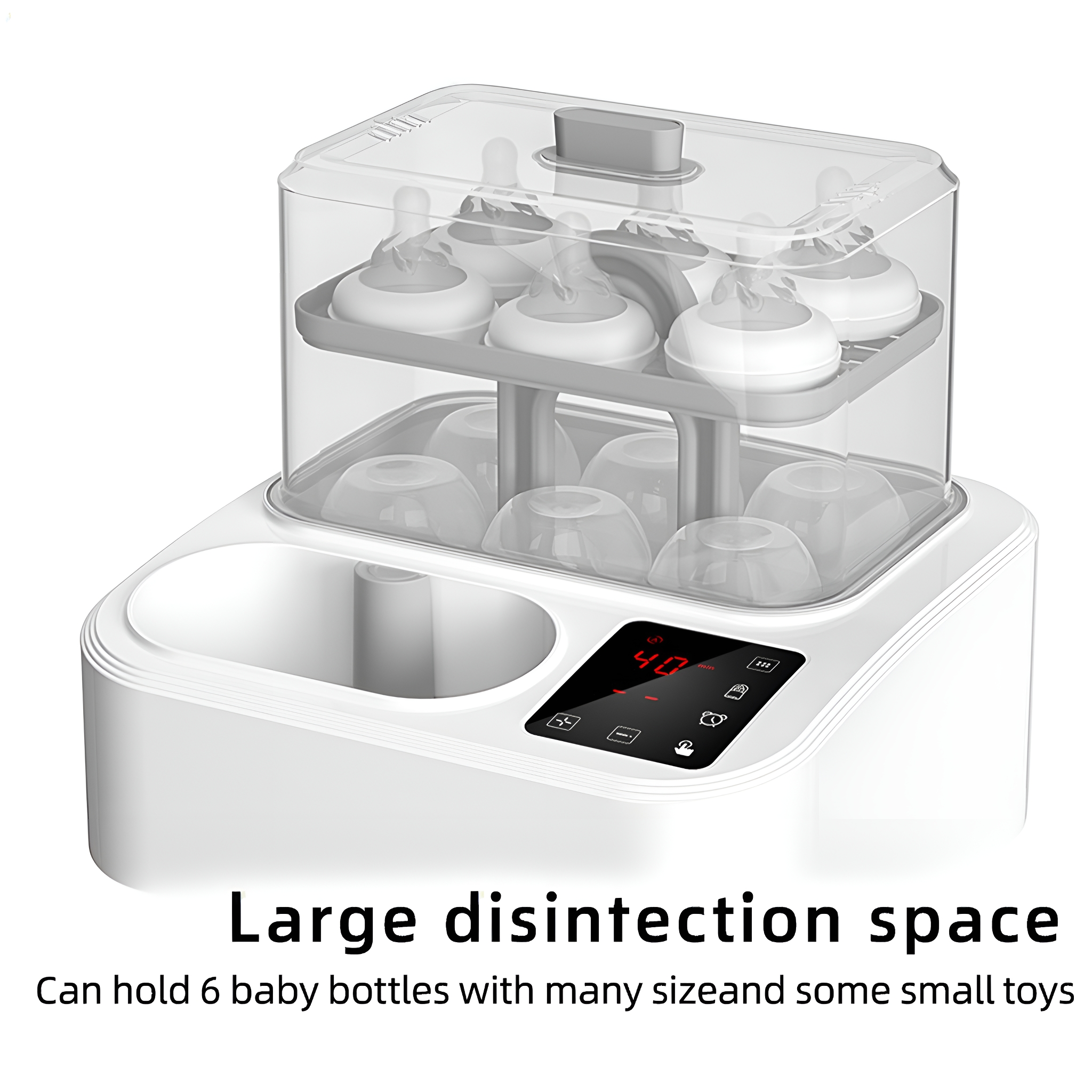 Weißer Babyflaschensterilisator mit Flaschen und Display.