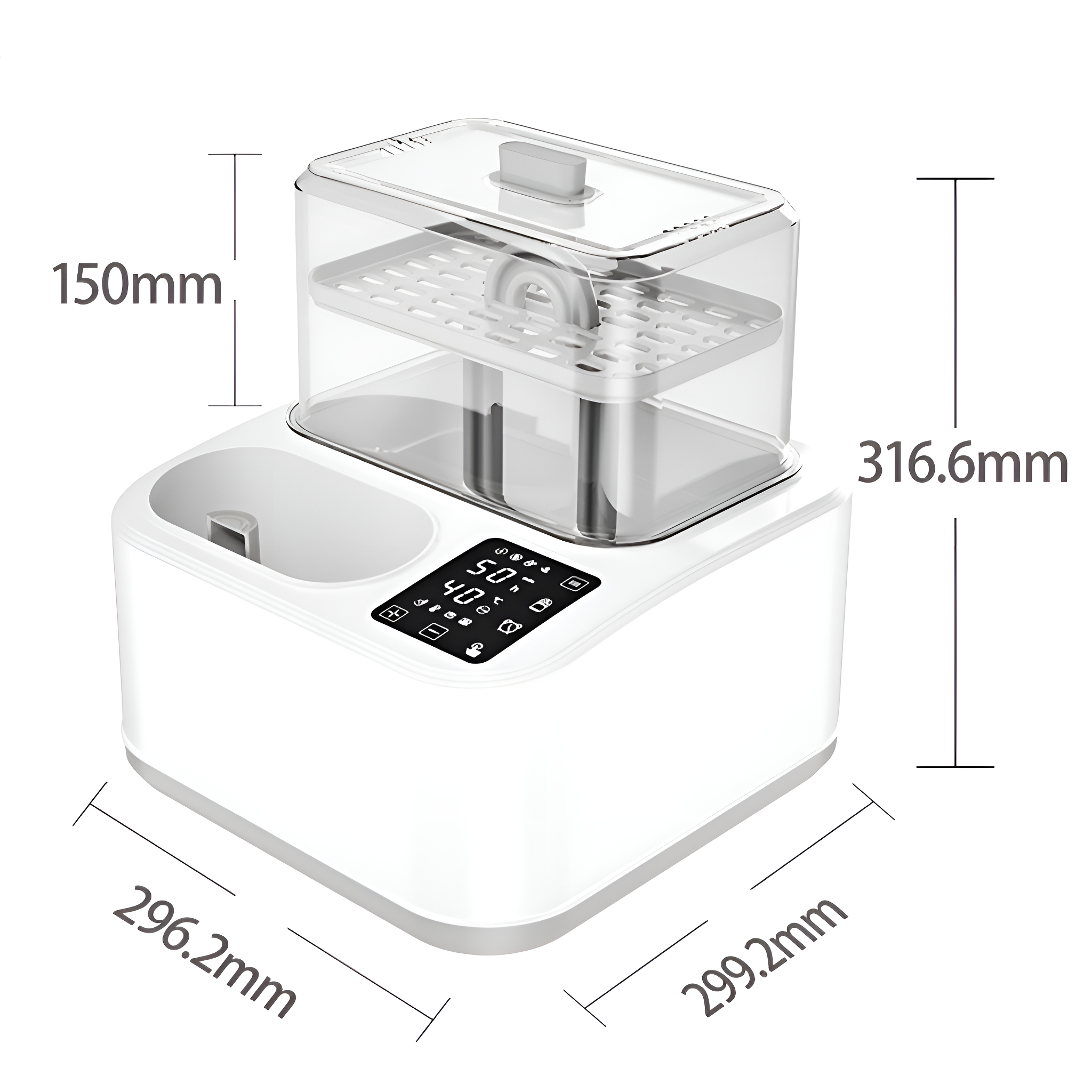 Weißer Babyflaschensterilisator mit Abmessungen, Ober- und Unterteil.