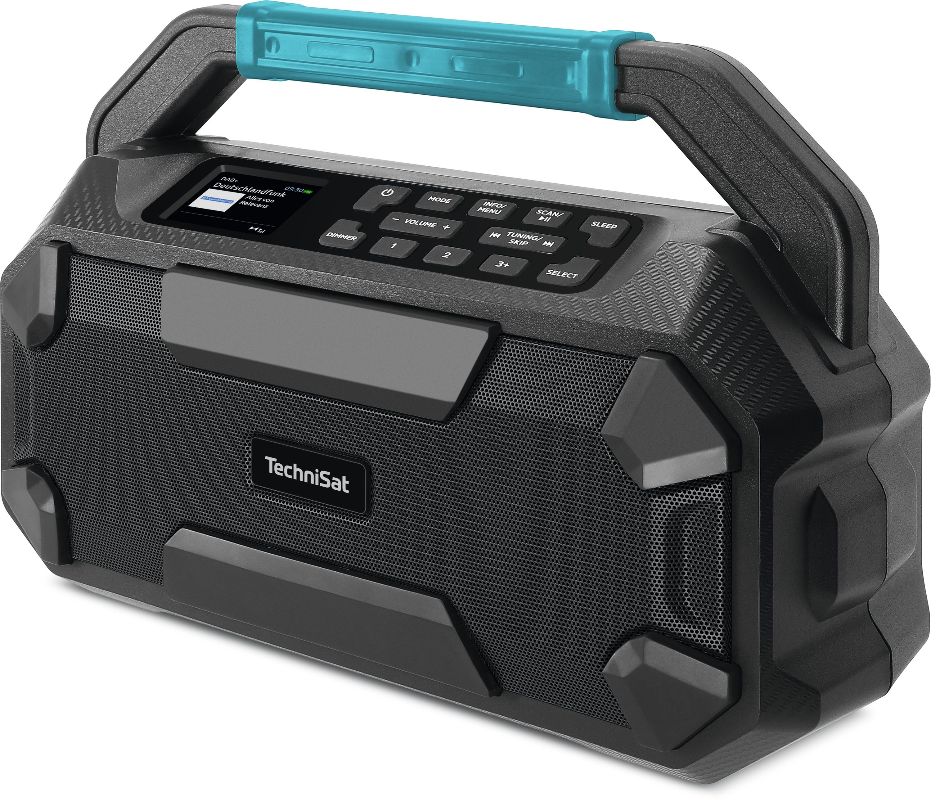 Altoparlante portatile nero con pulsanti e maniglia, mostra il design e le funzioni.