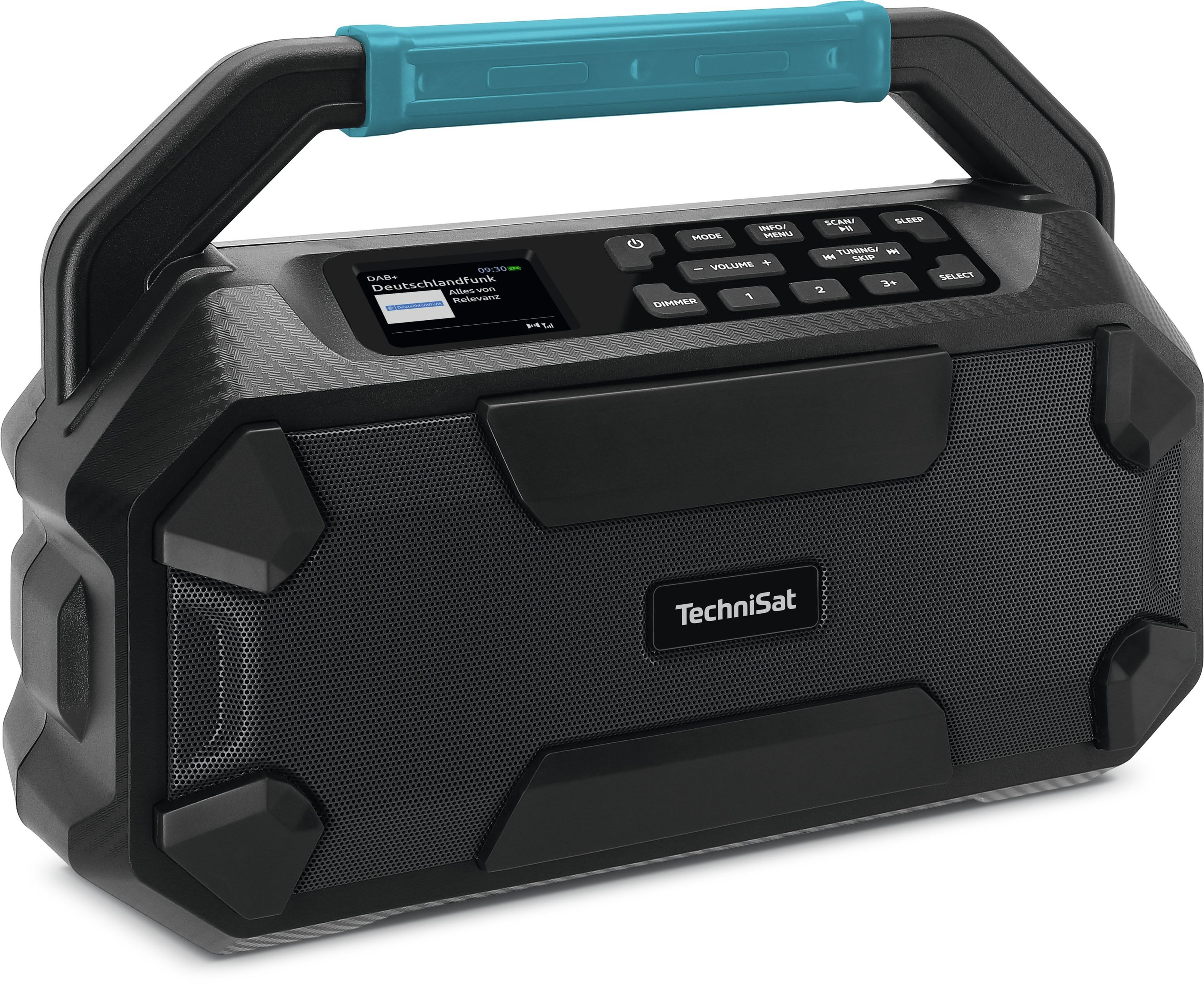 Radio portatile nera con maniglia blu. Ha un display, pulsanti e il logo TechniSat.