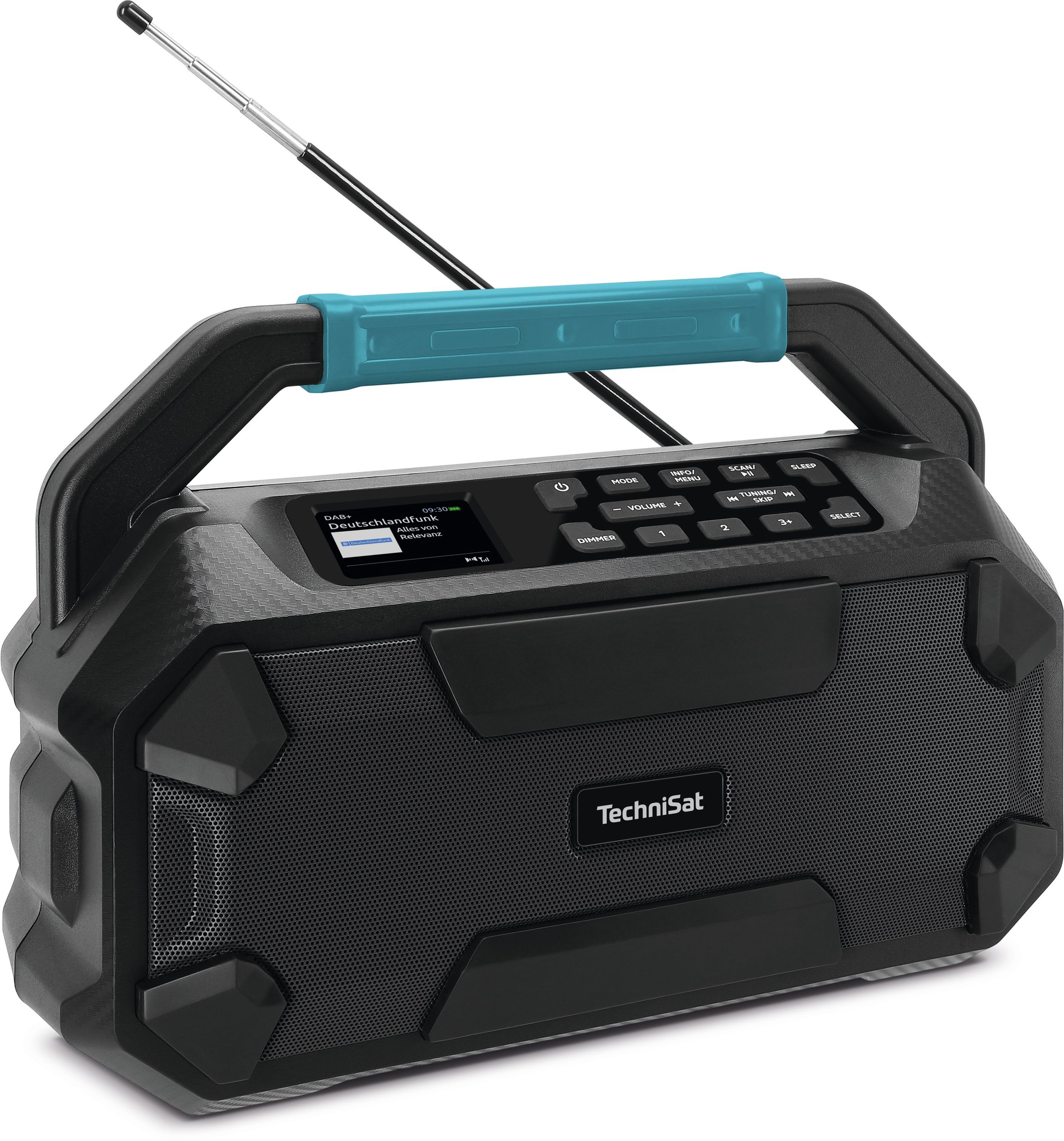 Radio portatile nera e grigia con maniglia blu. Dotata di pulsanti e display.