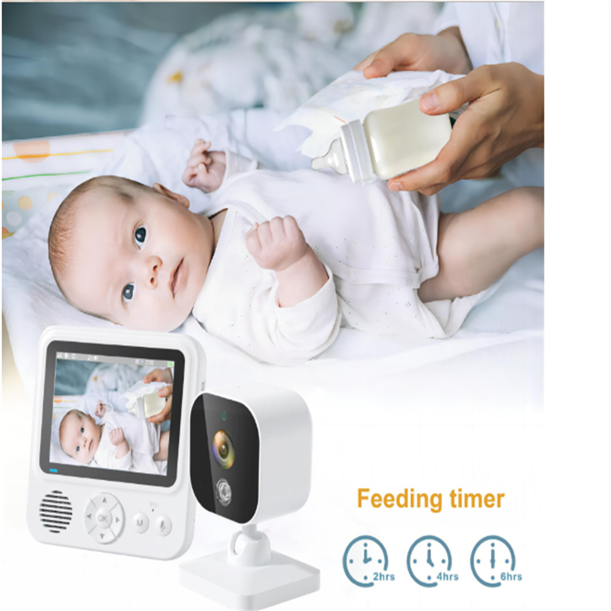 Baby in weißem Strampler, Hände halten Flasche. Babyphone und Kamera. Fütterungs-Timer-Symbole.
