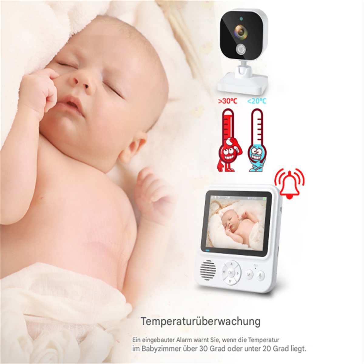 Babyphone neben einem schlafenden Baby. Der Monitor zeigt das Baby an.