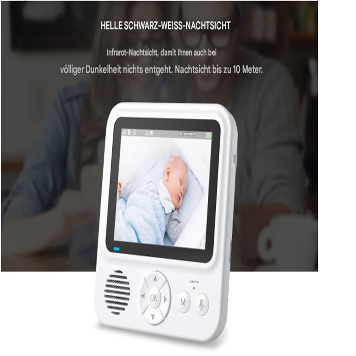 Babyphone mit schlafendem Baby. Weißes Gerät, Knöpfe, Bildschirm. Verschwommener Hintergrund.