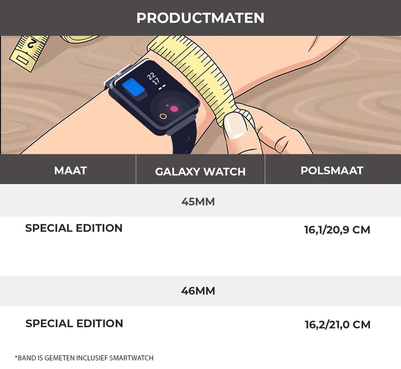 Handgelenk mit Smartwatch, Maßband darum. Text zeigt Produktabmessungen.