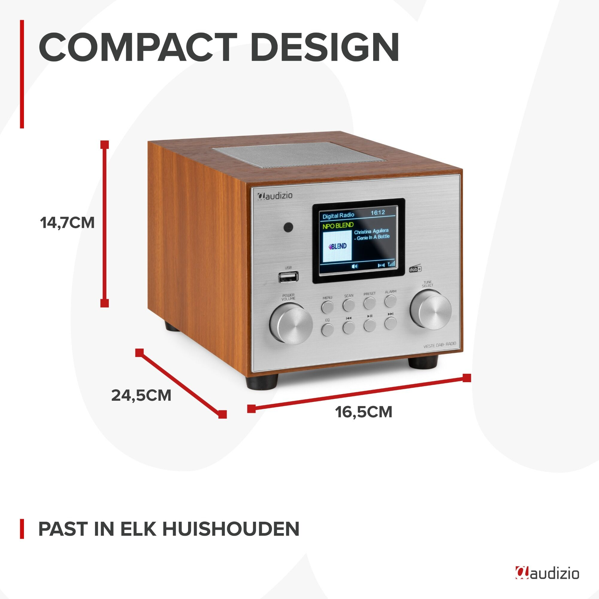 Ein Holzradio mit digitaler Anzeige, die Zeit und Radiodaten anzeigt. Abmessungen sind angegeben.