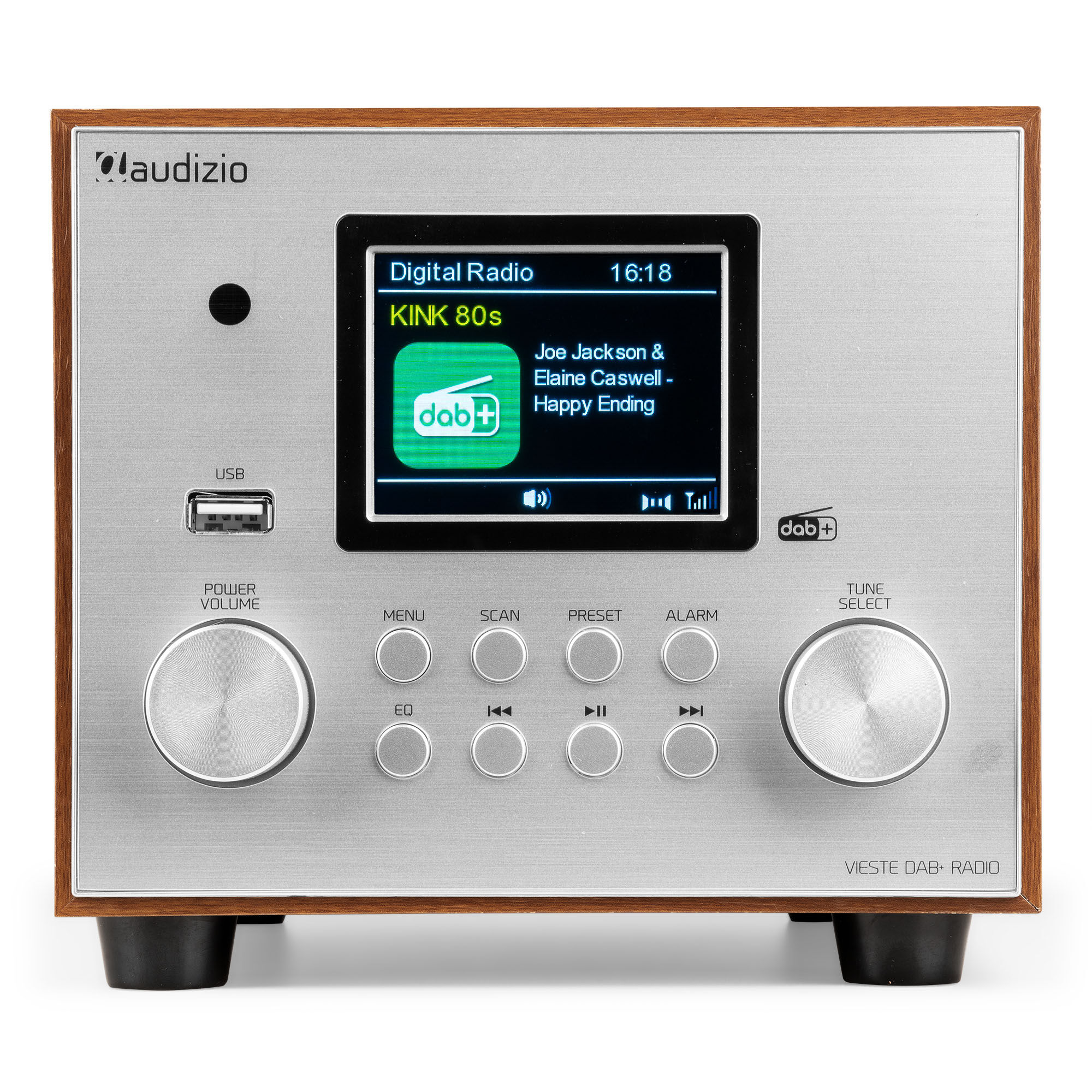 Digitalradio mit Bildschirm, der Sender und Zeit anzeigt, Holzrahmen.