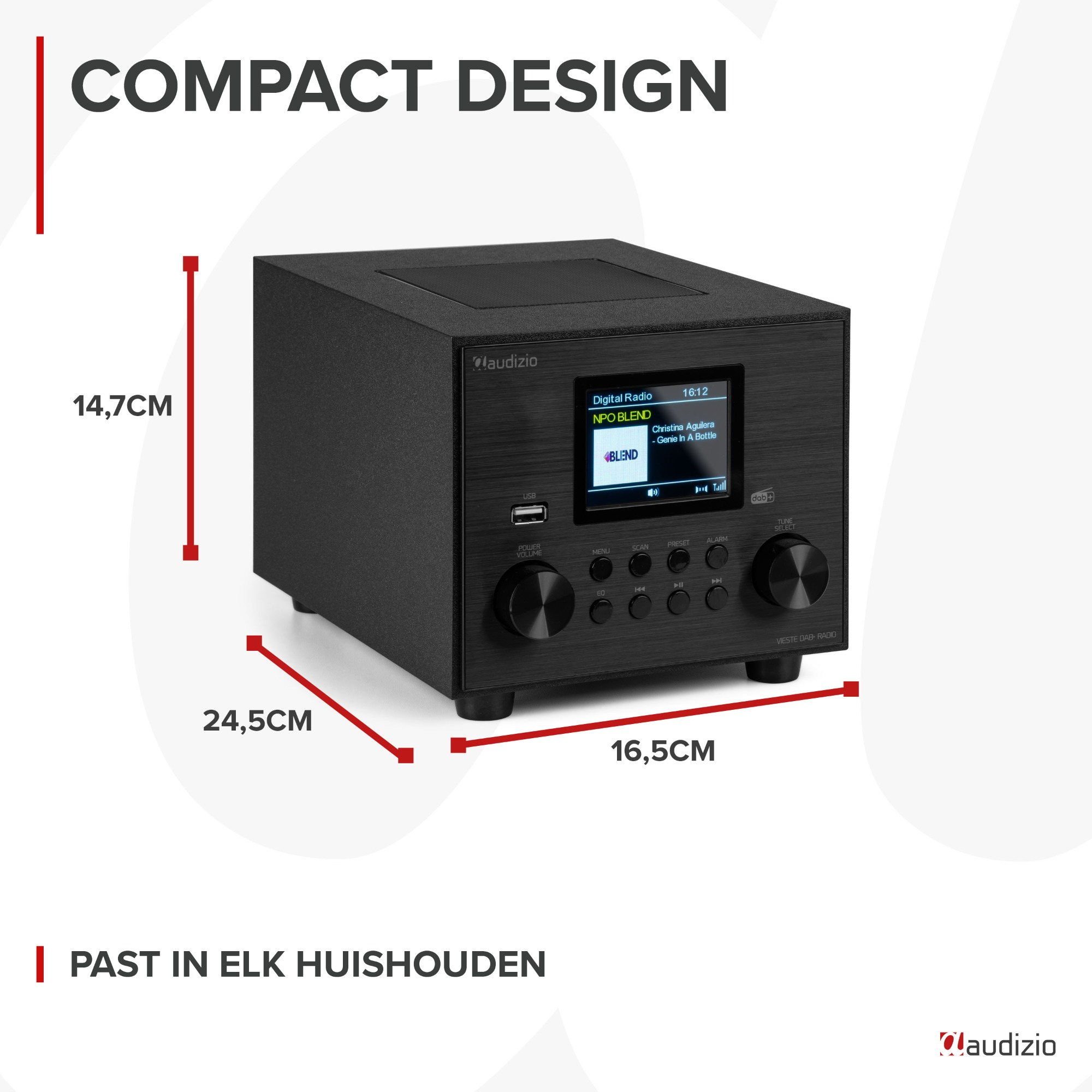 Radio digital negra con dimensiones: 14,7 cm, 24,5 cm, 16,5 cm. Fondo blanco, texto arriba.