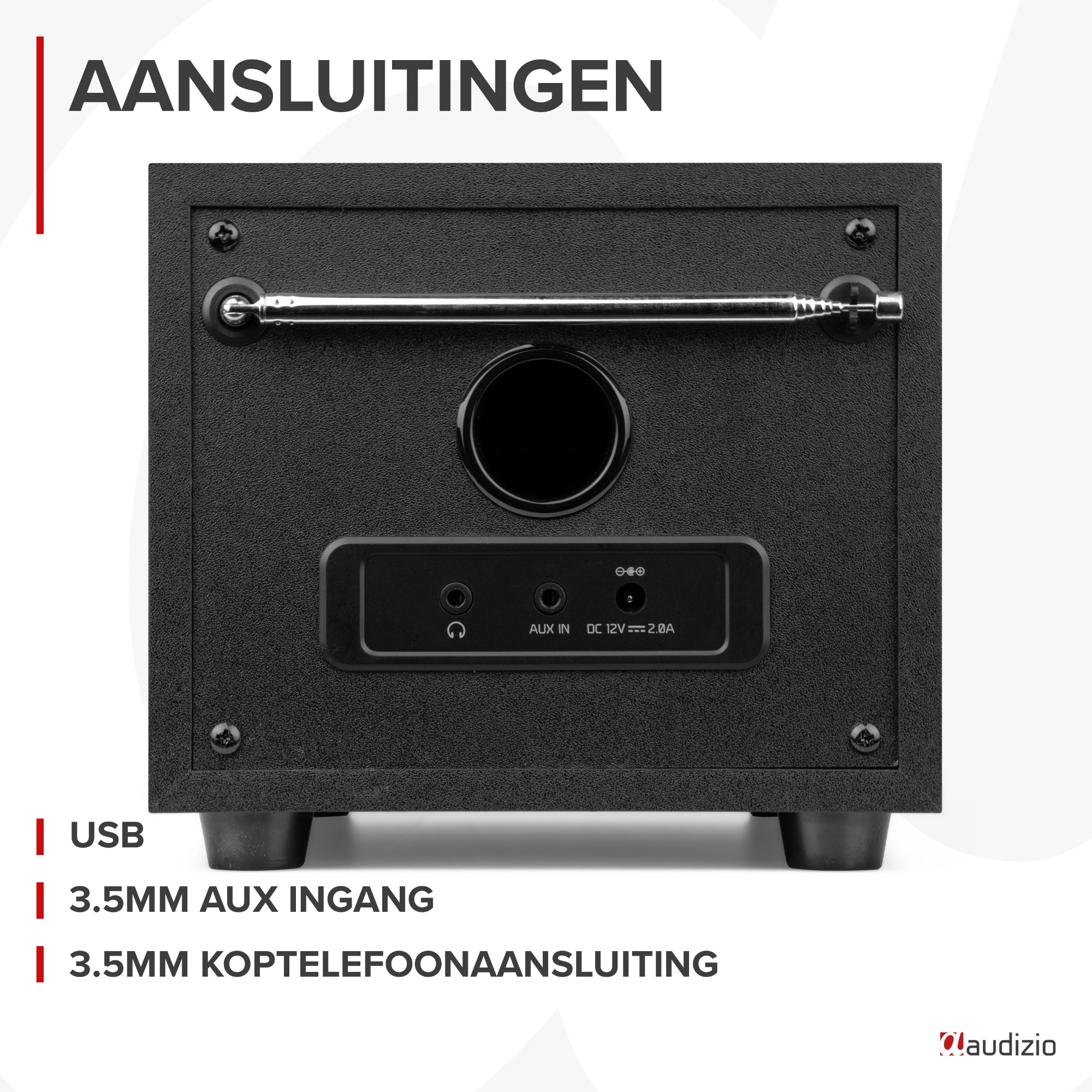 Parte trasera de altavoz negro con puertos: USB, aux in y auriculares. Texto: 'Aansluitingen'.
