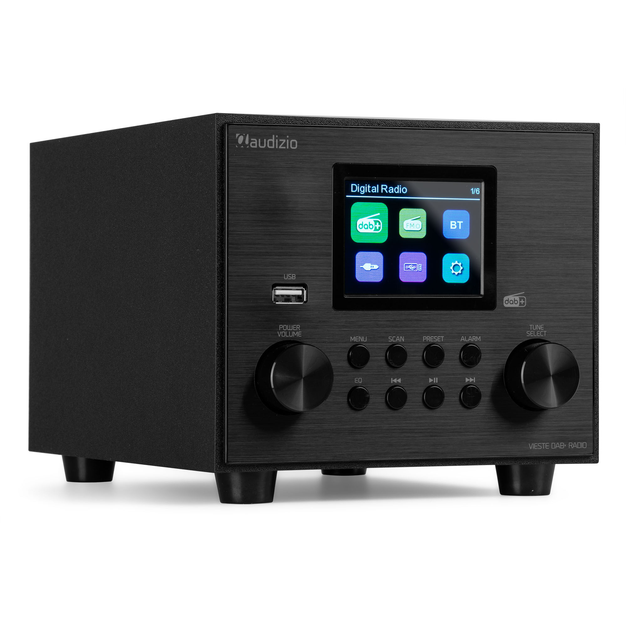 Radio digital negro con pantalla y botones. Tiene un puerto USB y un logotipo DAB+.