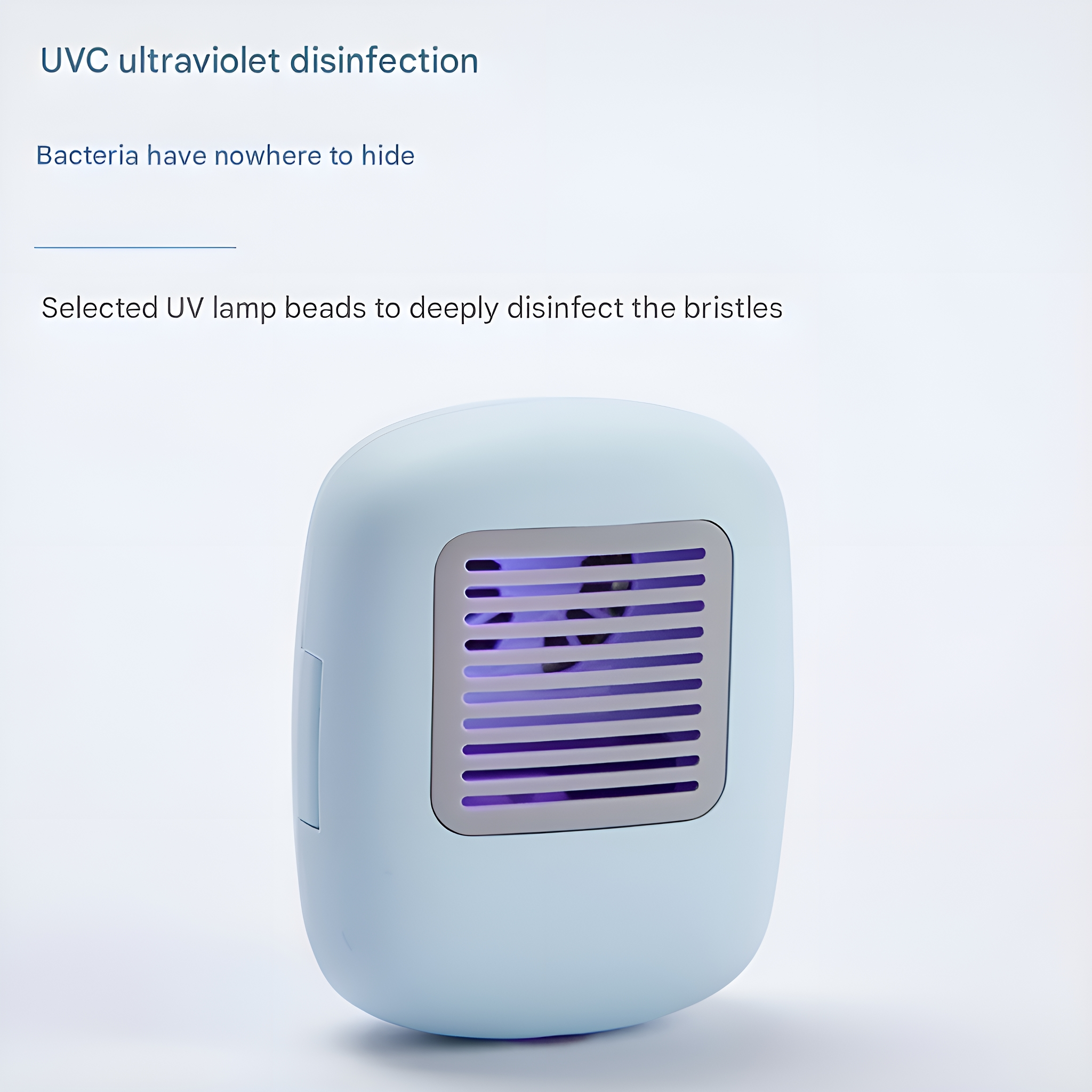 Ein blaues, oval geformtes Gerät mit einem grauen Lüftungsgitter, das violettes UV-Licht aussendet.