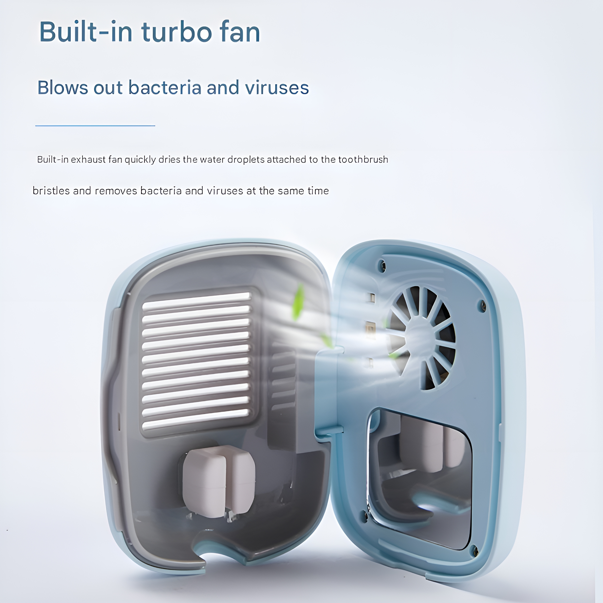 Offener blau-grauer Zahnbürstensterilisator mit Ventilator, hellblauer Hintergrund.