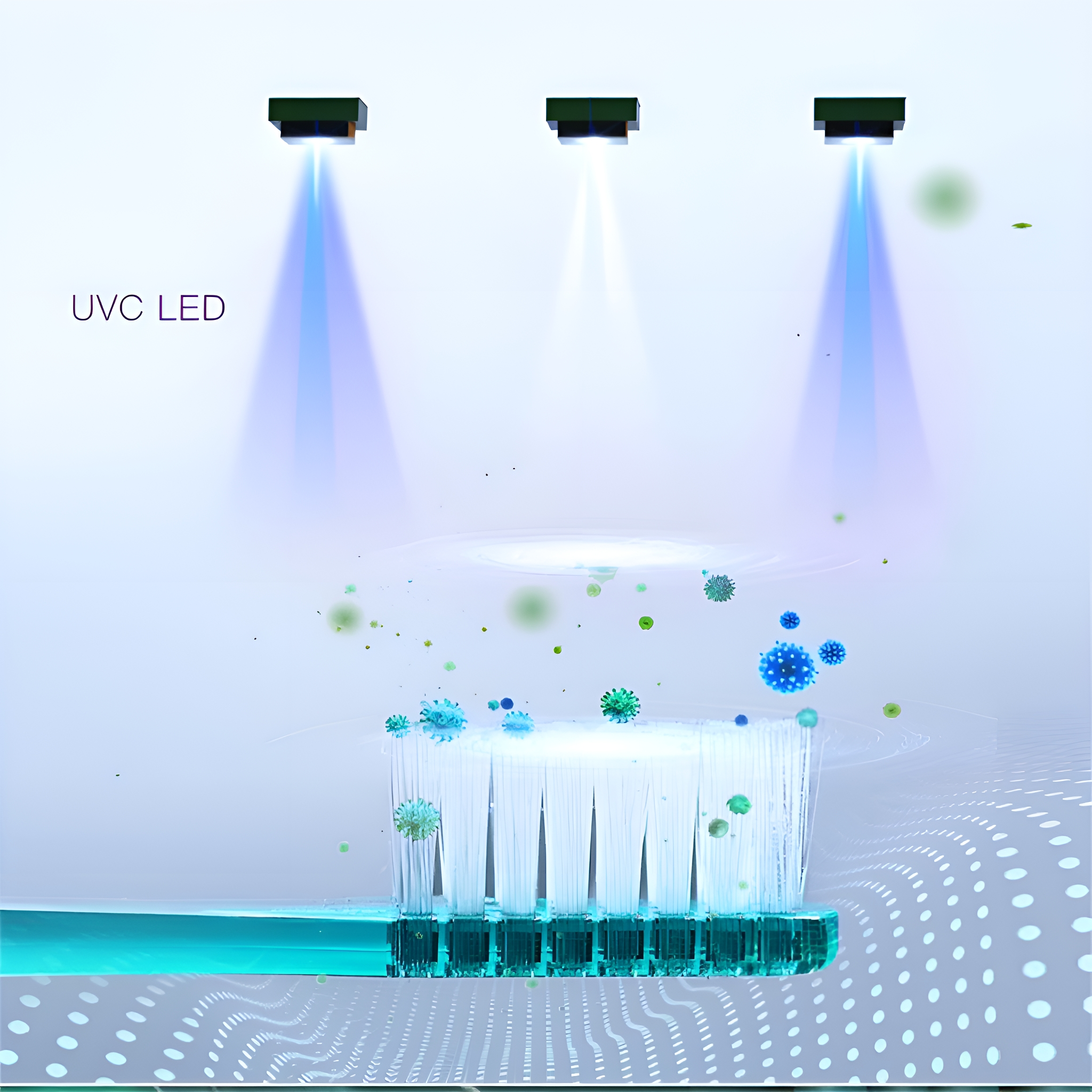 Zahnbürste mit UVC-LED-Lichtern. Blaue und weiße Farben, mit Keimen.