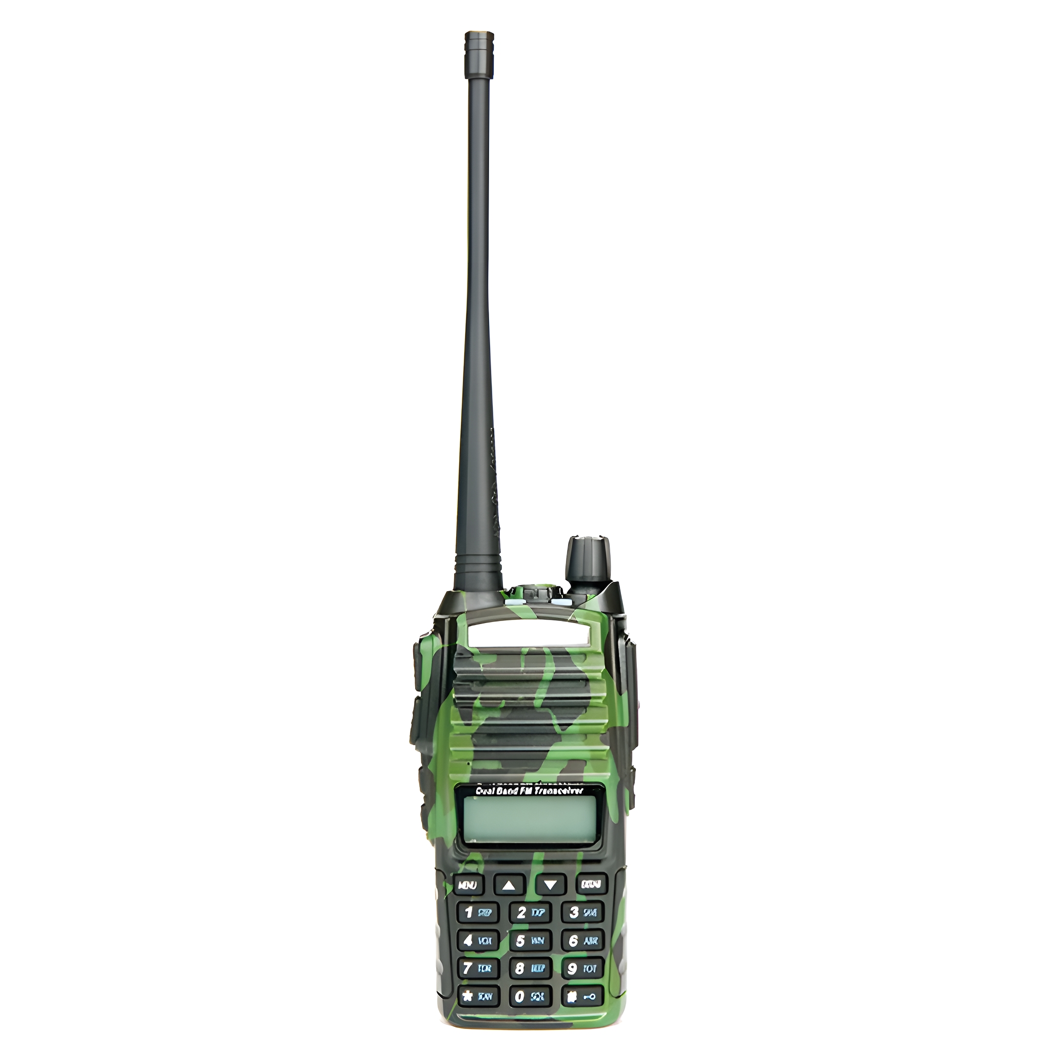 Ein grün-schwarzes Tarn-Dualband-FM-Transceiver-Funkgerät mit Antenne.